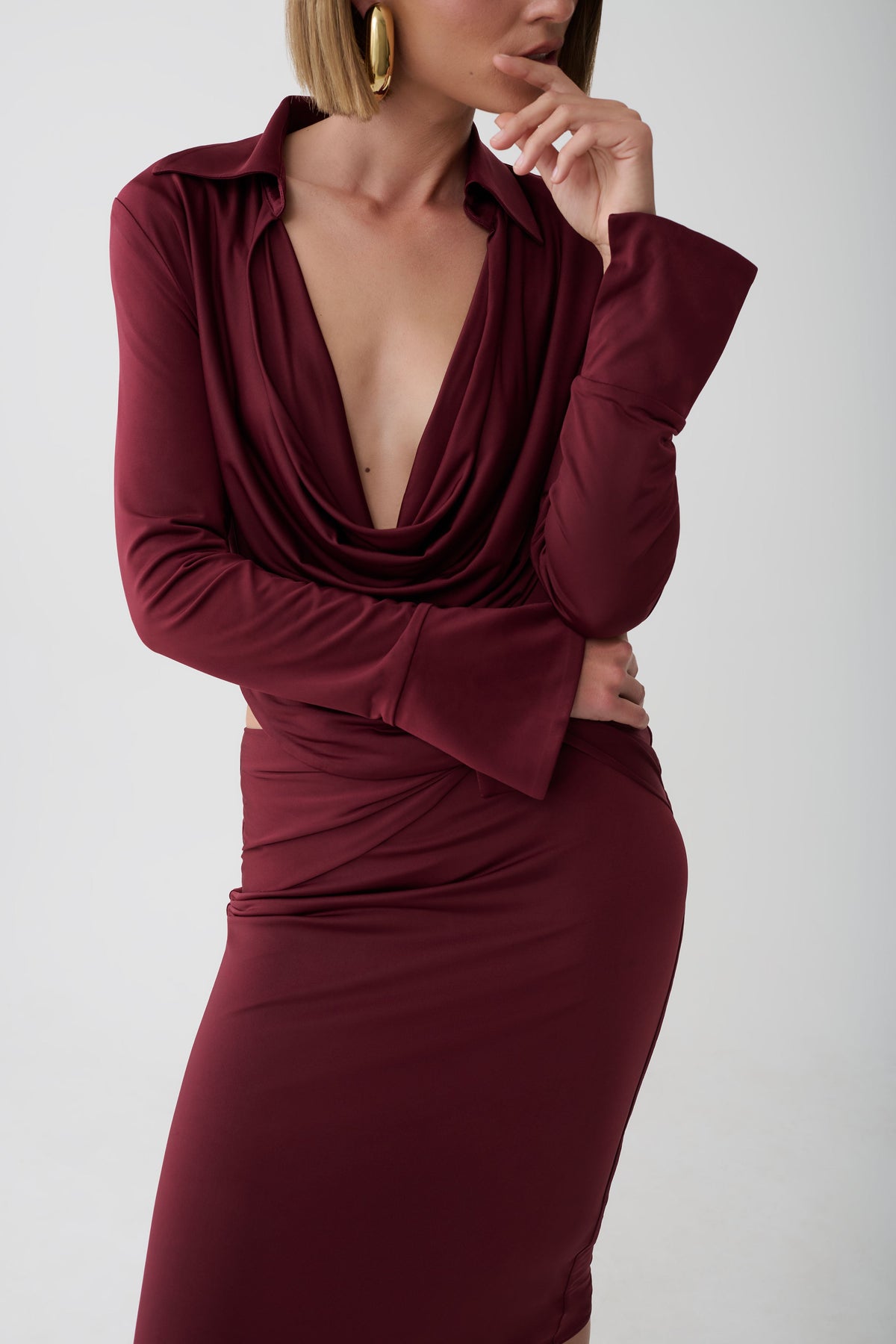 Elmira Long Sleeve Slinky Gather Detail Top - Wine #3