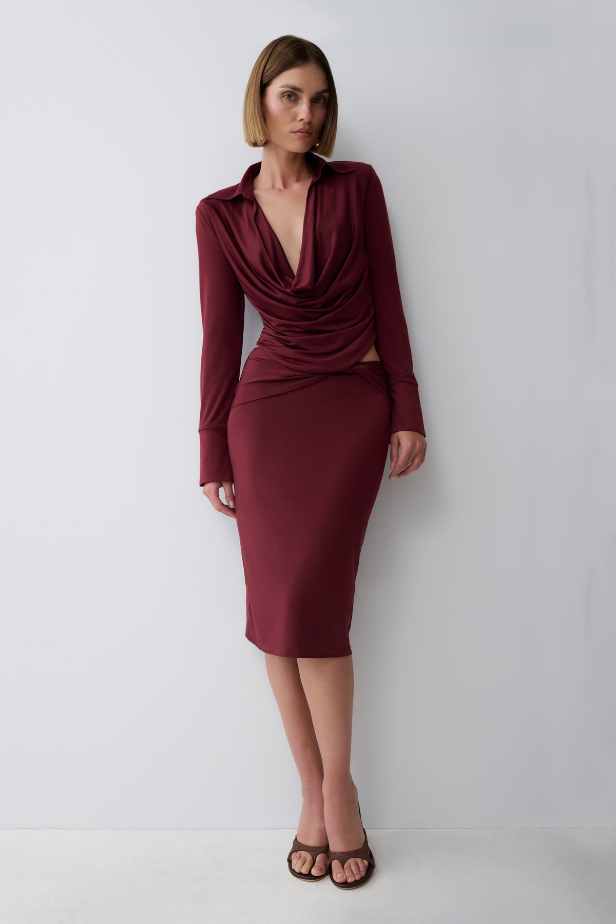 Elmira Long Sleeve Slinky Gather Detail Top - Wine