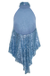 A model wearing a light blue sequined halter top with a sheer underlayer, posing against a plain white studio background.
