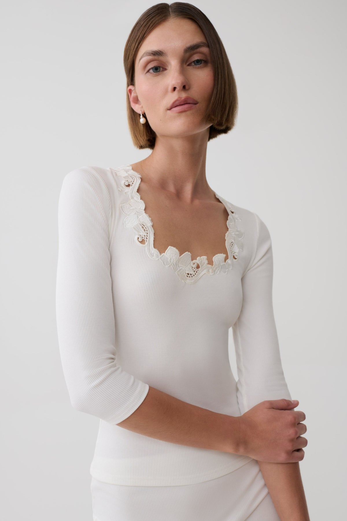Jane Broiderie Ribbed Long Sleeve Top - White
