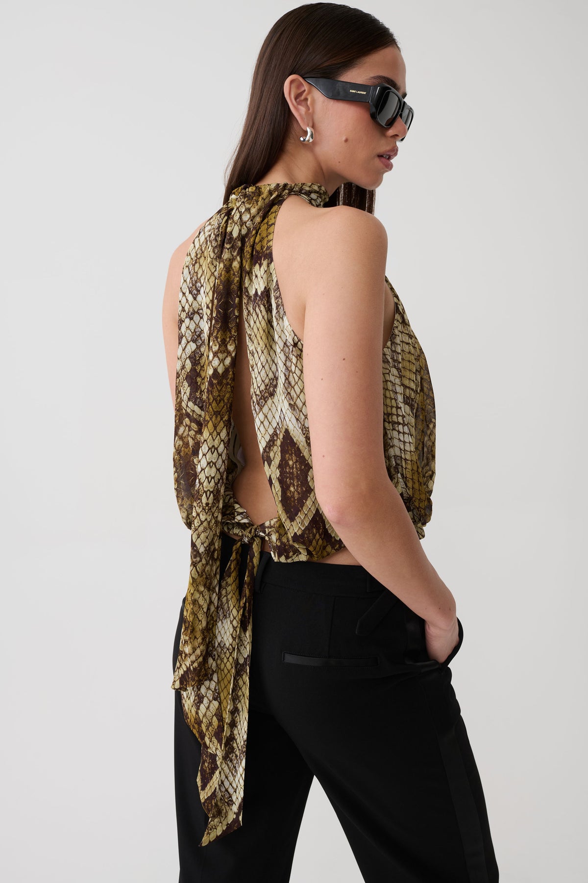 Eliana Tie Back Chiffon Sleeveless Top - Snake Print