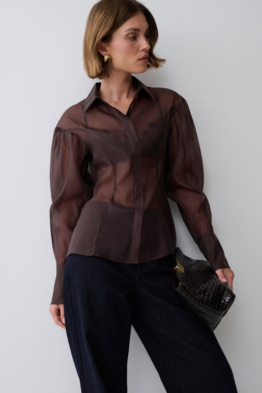 Charlotte Organza Sheer Shirt - Dark Chocolate