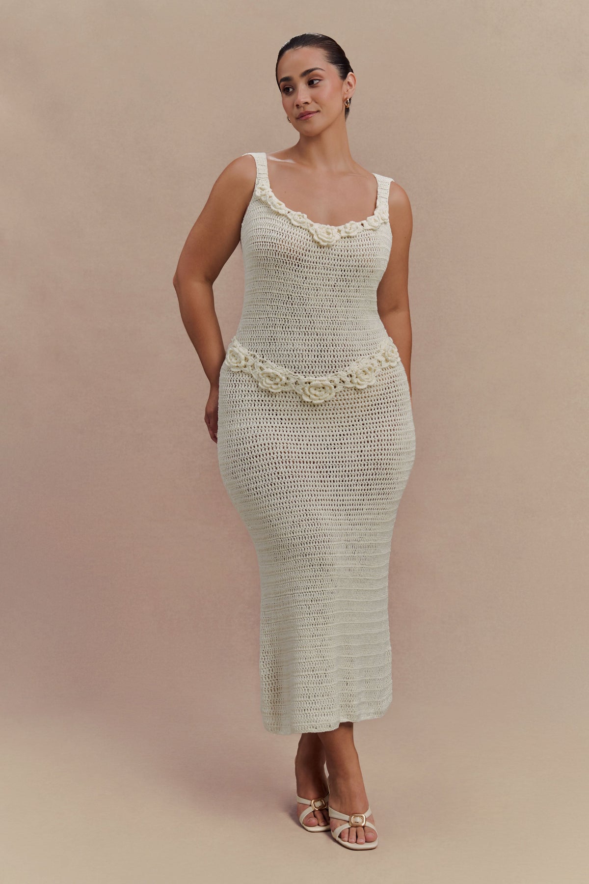 Teagan Floral Hand Crochet Midi Dress - Ivory