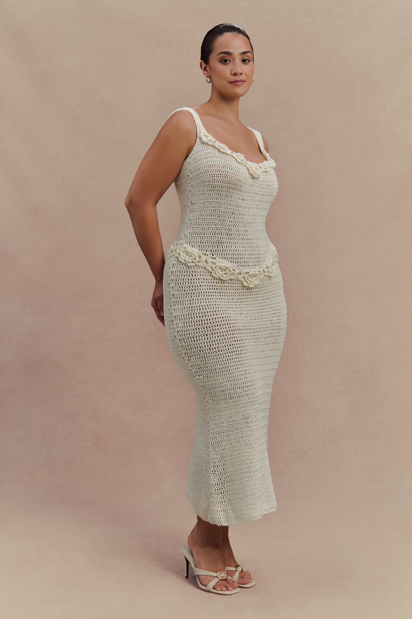 Teagan Floral Hand Crochet Midi Dress - Ivory