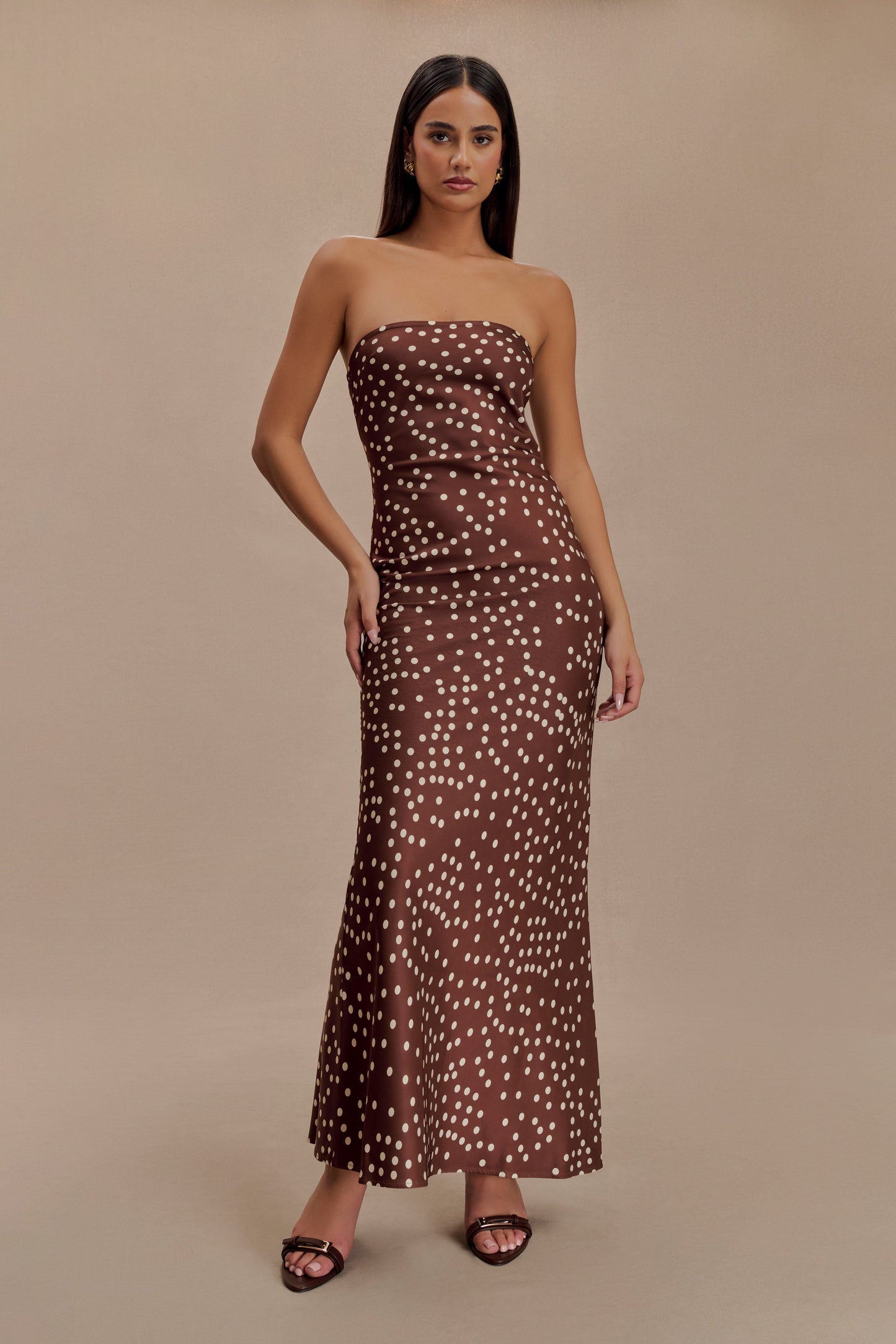 Claudette Strapless Satin Maxi Dress - Brown Polka Dot Print