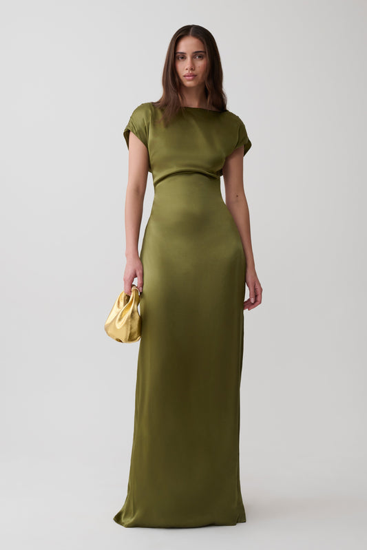 Valencia Open Back Satin Maxi Dress - Olive