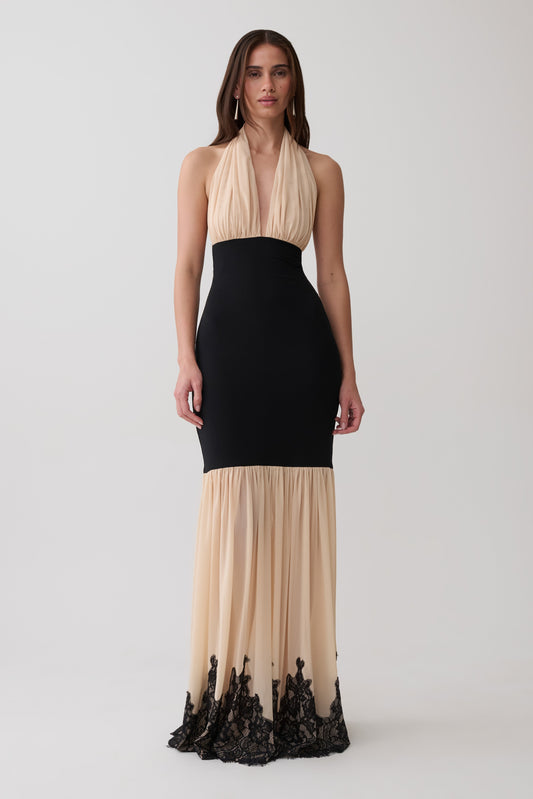 Leeana Jersey And Lace Halter Maxi Dress - Black/Nude