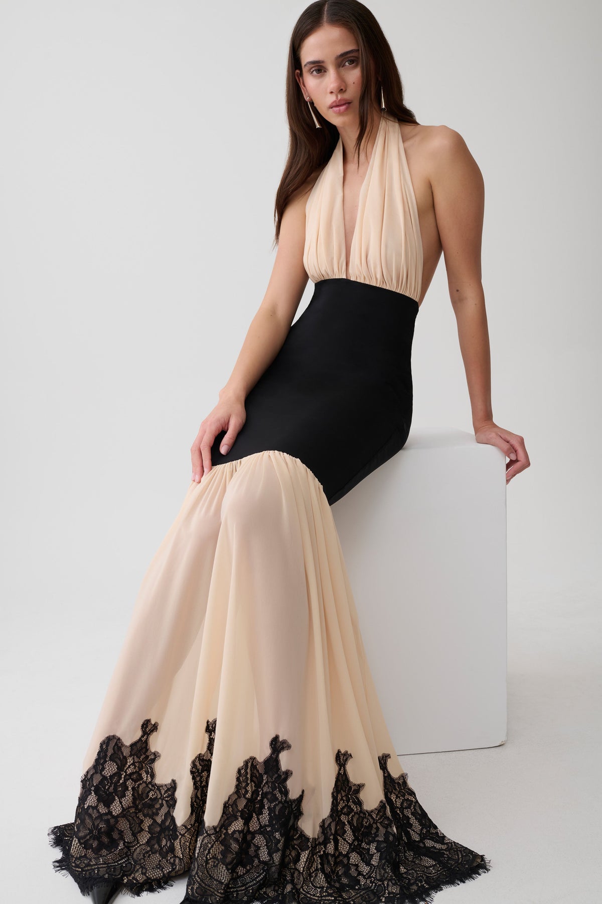 Leeana Jersey And Lace Halter Maxi Dress - Black/Nude #6