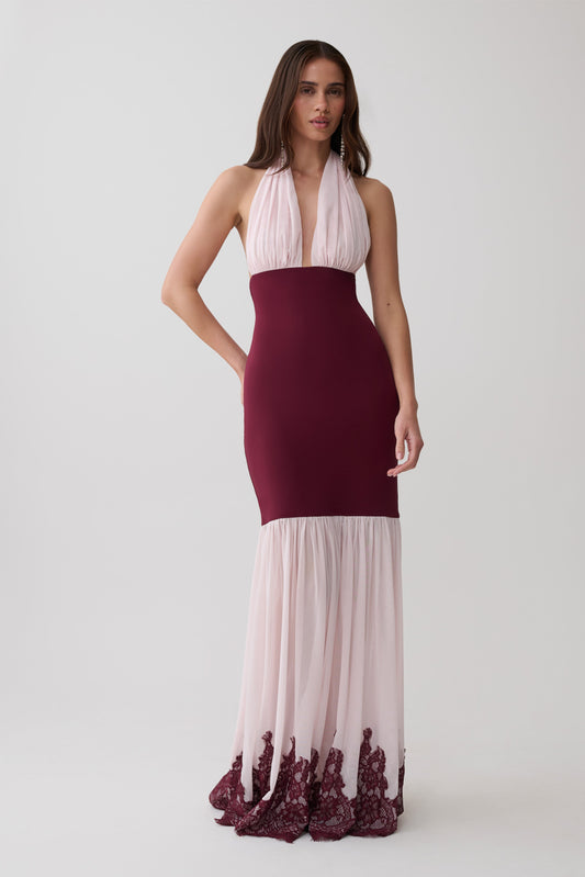 Leeana Jersey And Lace Halter Maxi Dress - Burgundy/Pink
