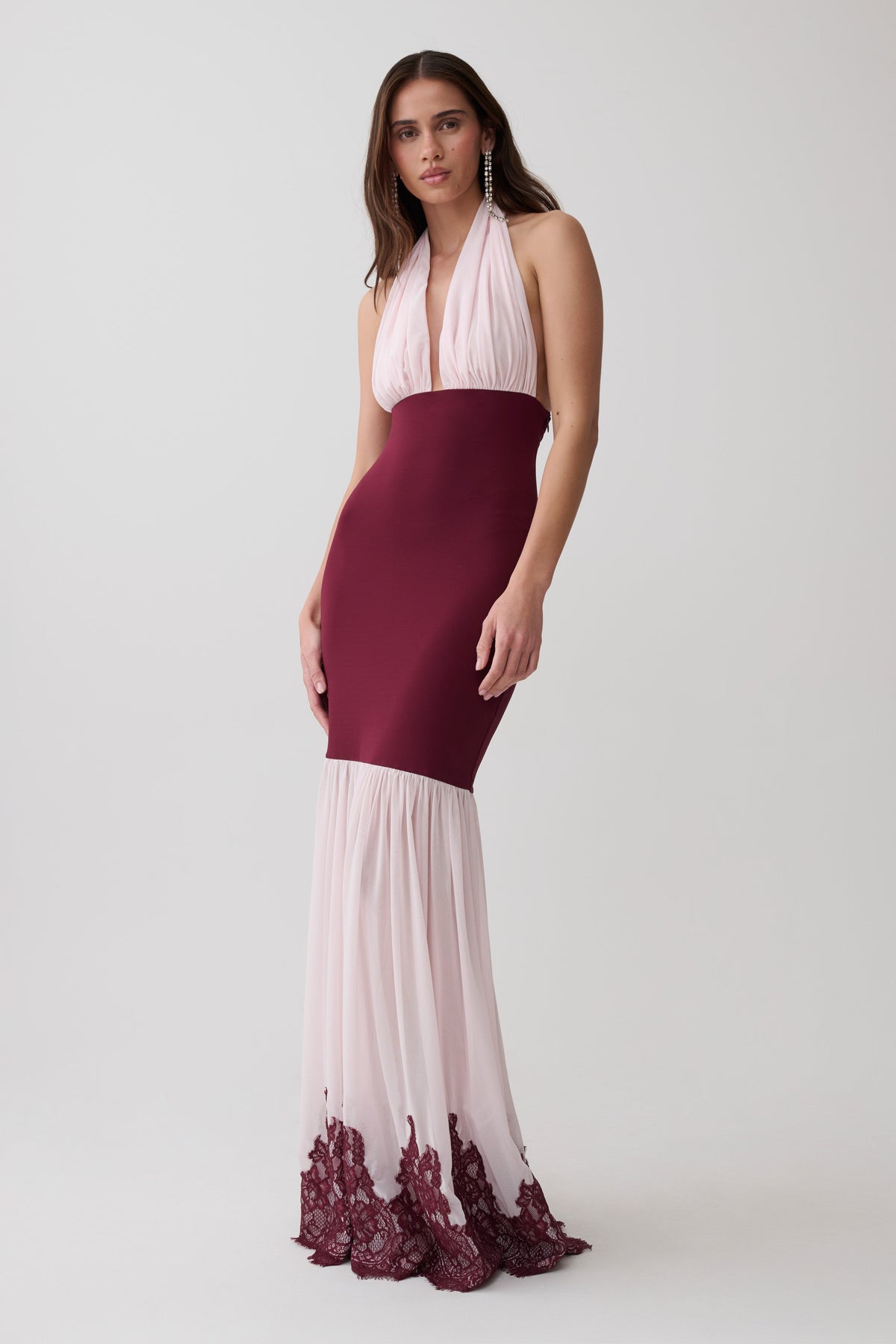 Leeana Jersey And Lace Halter Maxi Dress - Burgundy/Pink #3