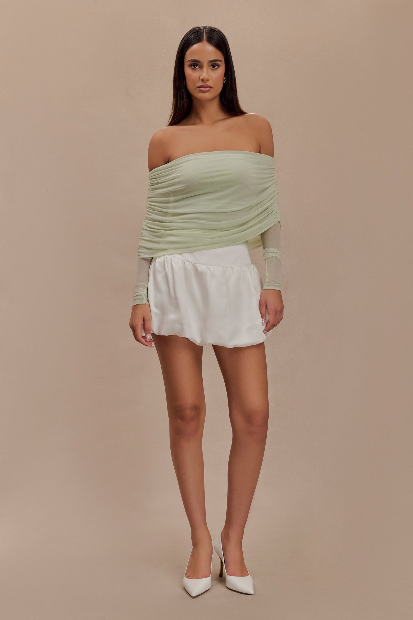 Everly Sheer Mesh Off Shoulder Top - Pastel Green