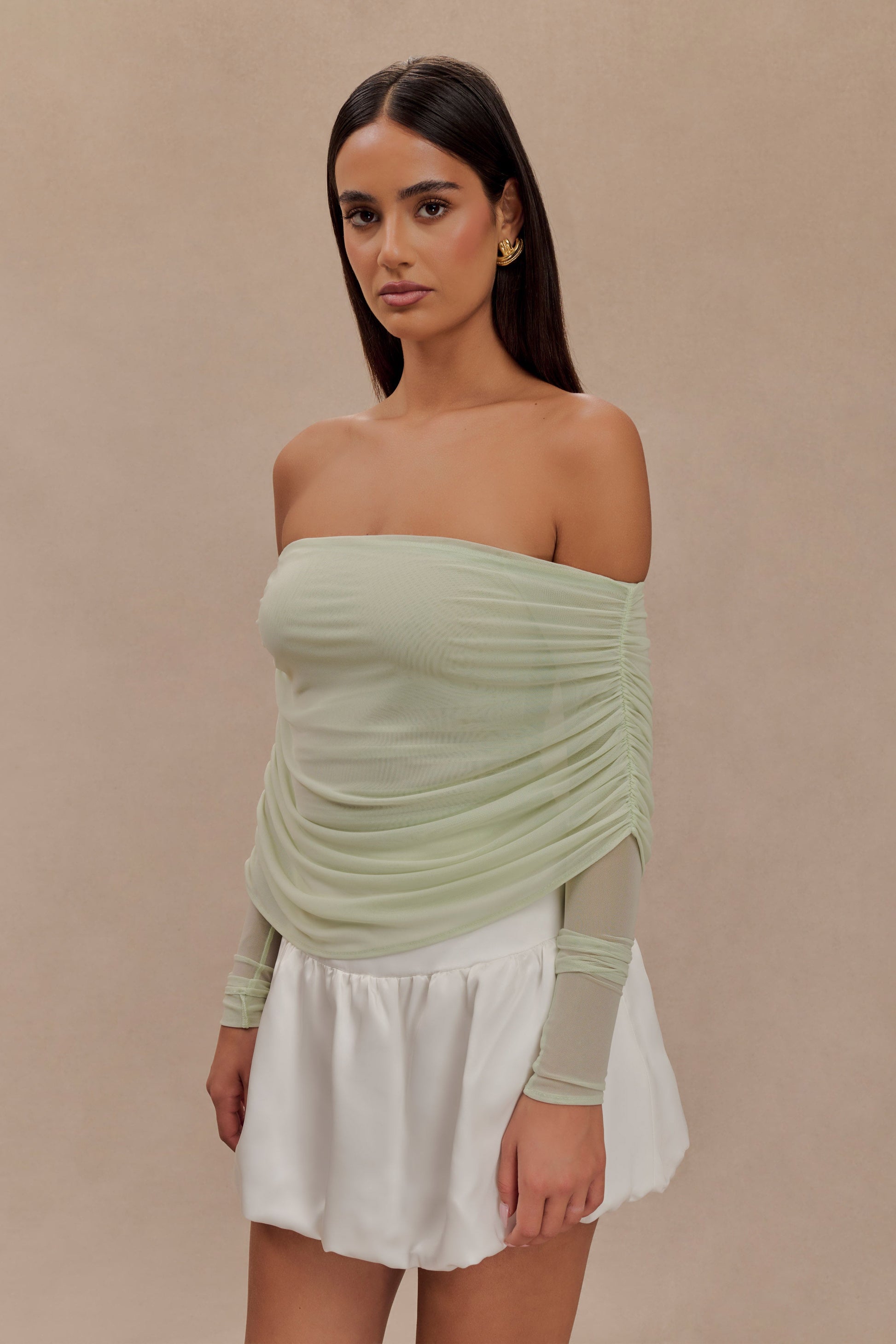 Everly Sheer Mesh Off Shoulder Top - Pastel Green #4