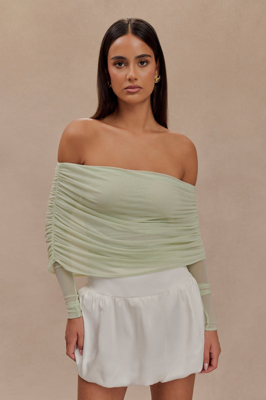 Everly Sheer Mesh Off Shoulder Top - Pastel Green