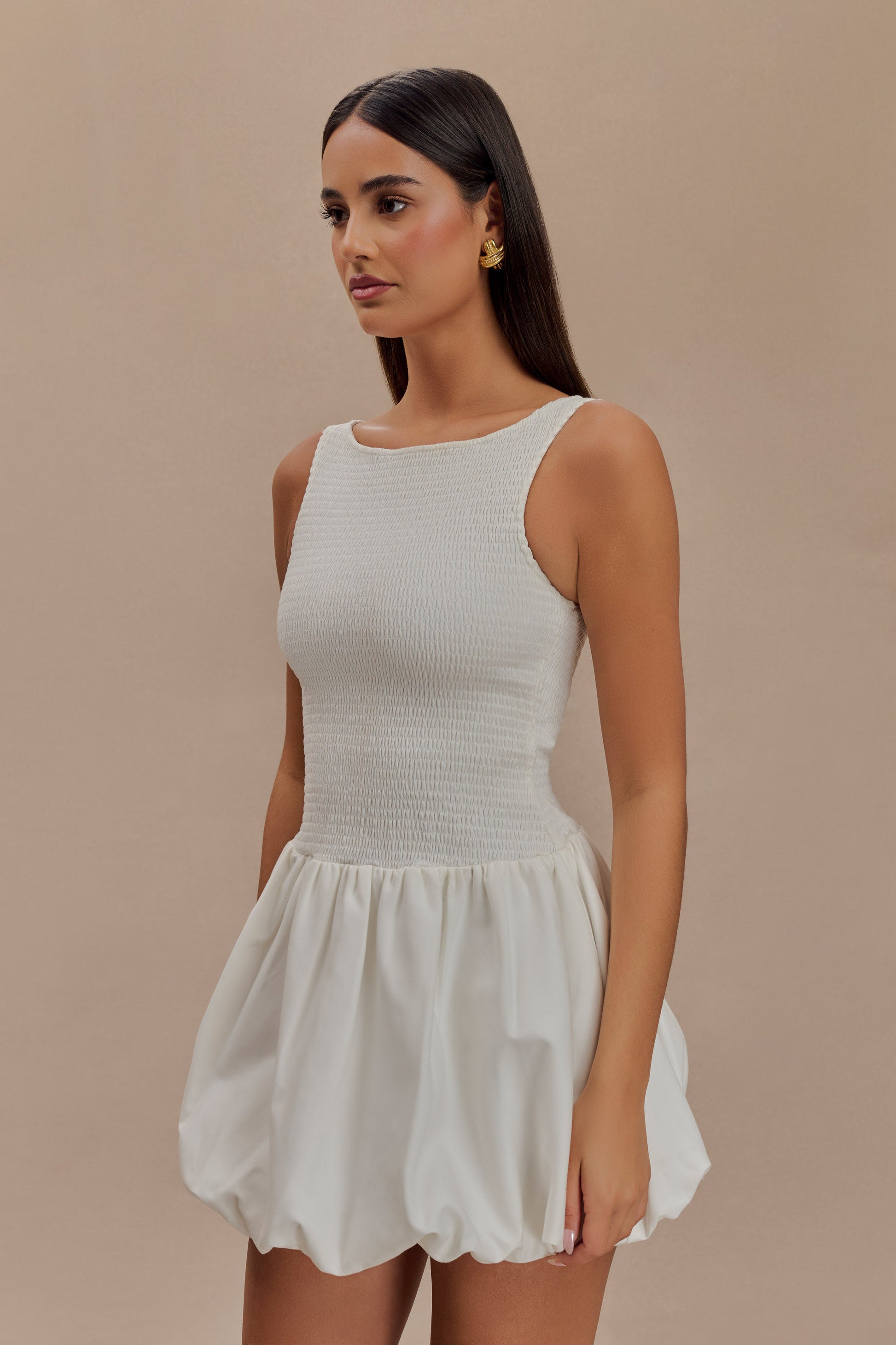 Felicity Shirring Bubble Cotton Mini Dress - White #6