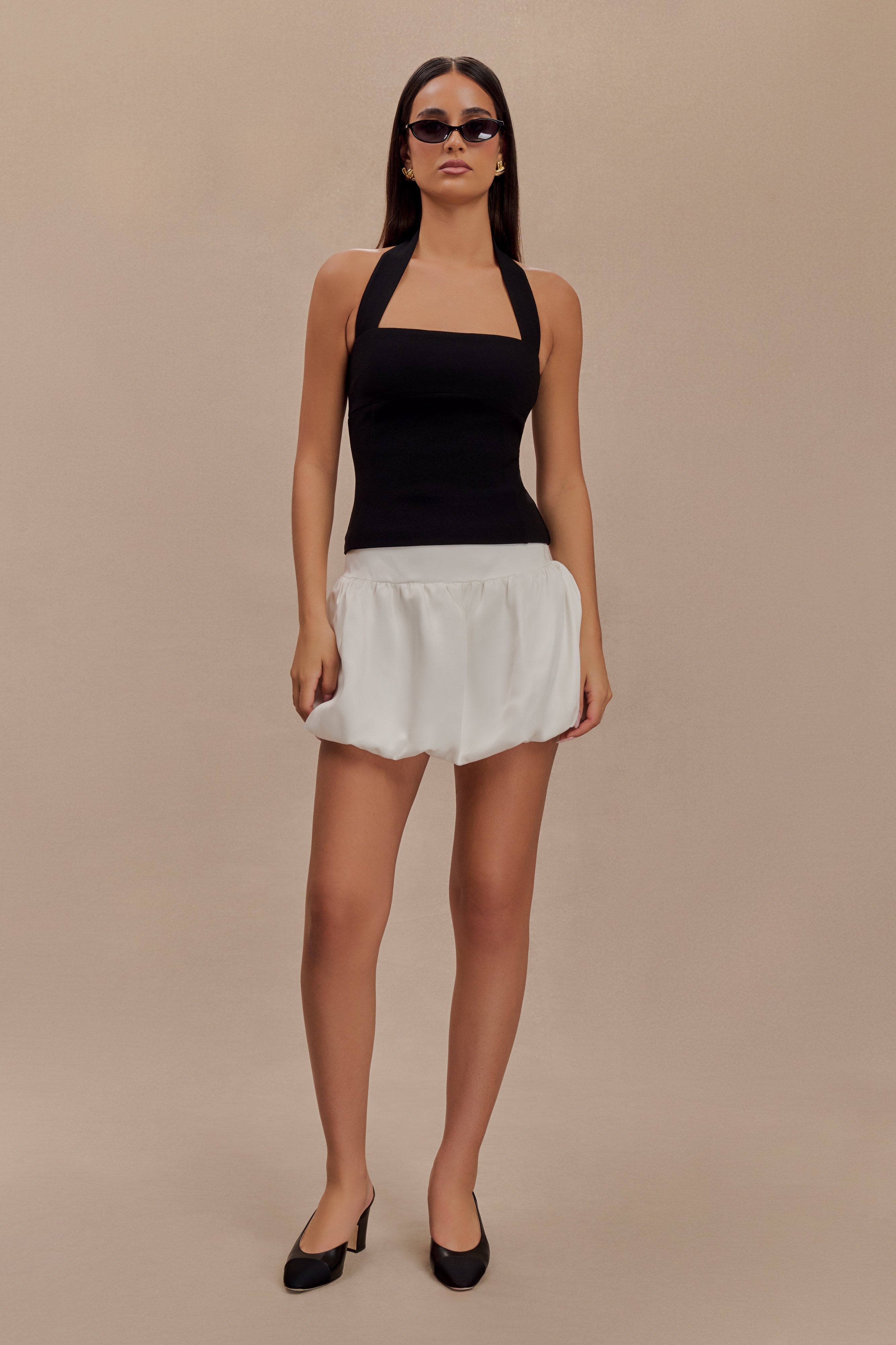 Genia Satin Bubble Mini Skirt - White | MESHKI UK