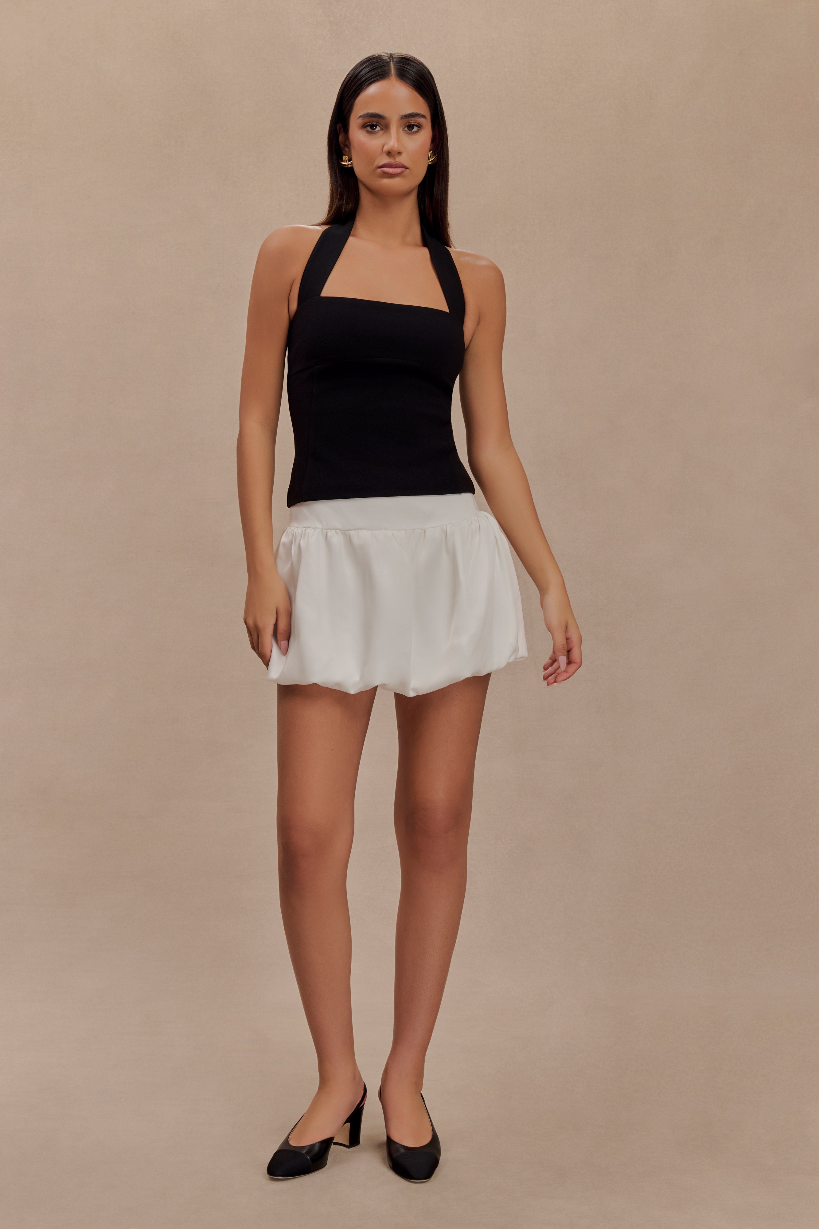 Genia Satin Bubble Mini Skirt - White | MESHKI UK