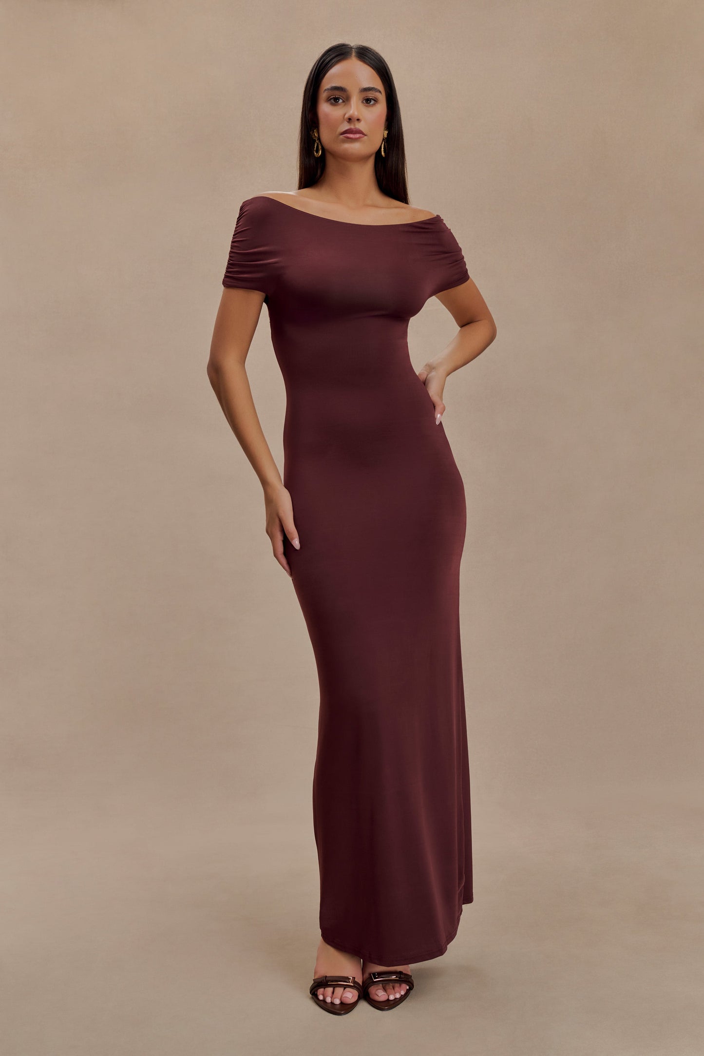 Imogen Off Shoulder Slinky Maxi Dress - Mahogany