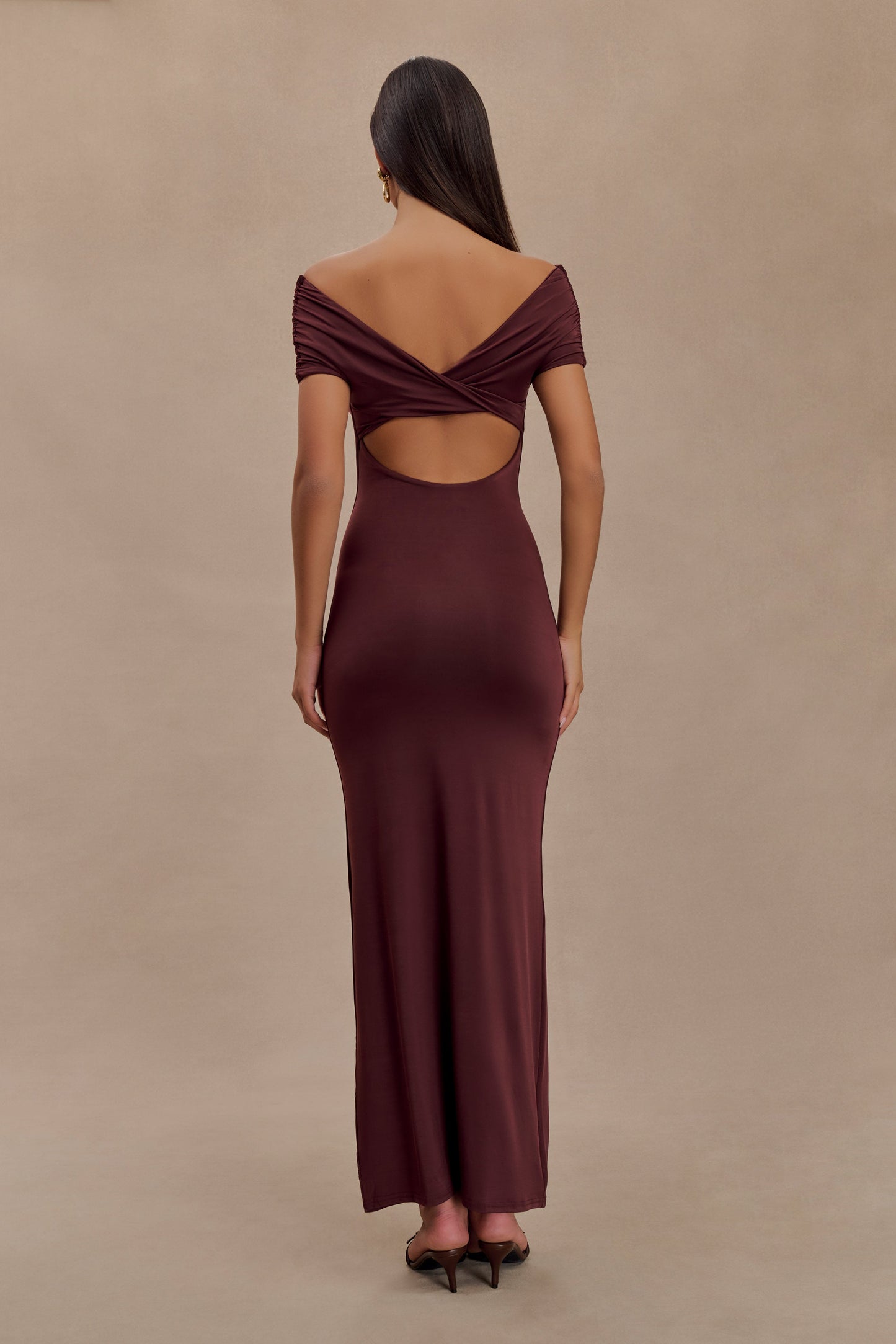 Imogen Off Shoulder Slinky Maxi Dress - Mahogany