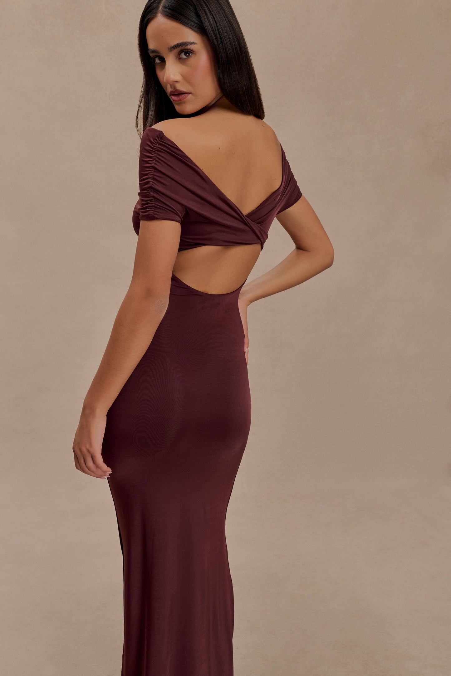 Imogen Off Shoulder Slinky Maxi Dress - Mahogany