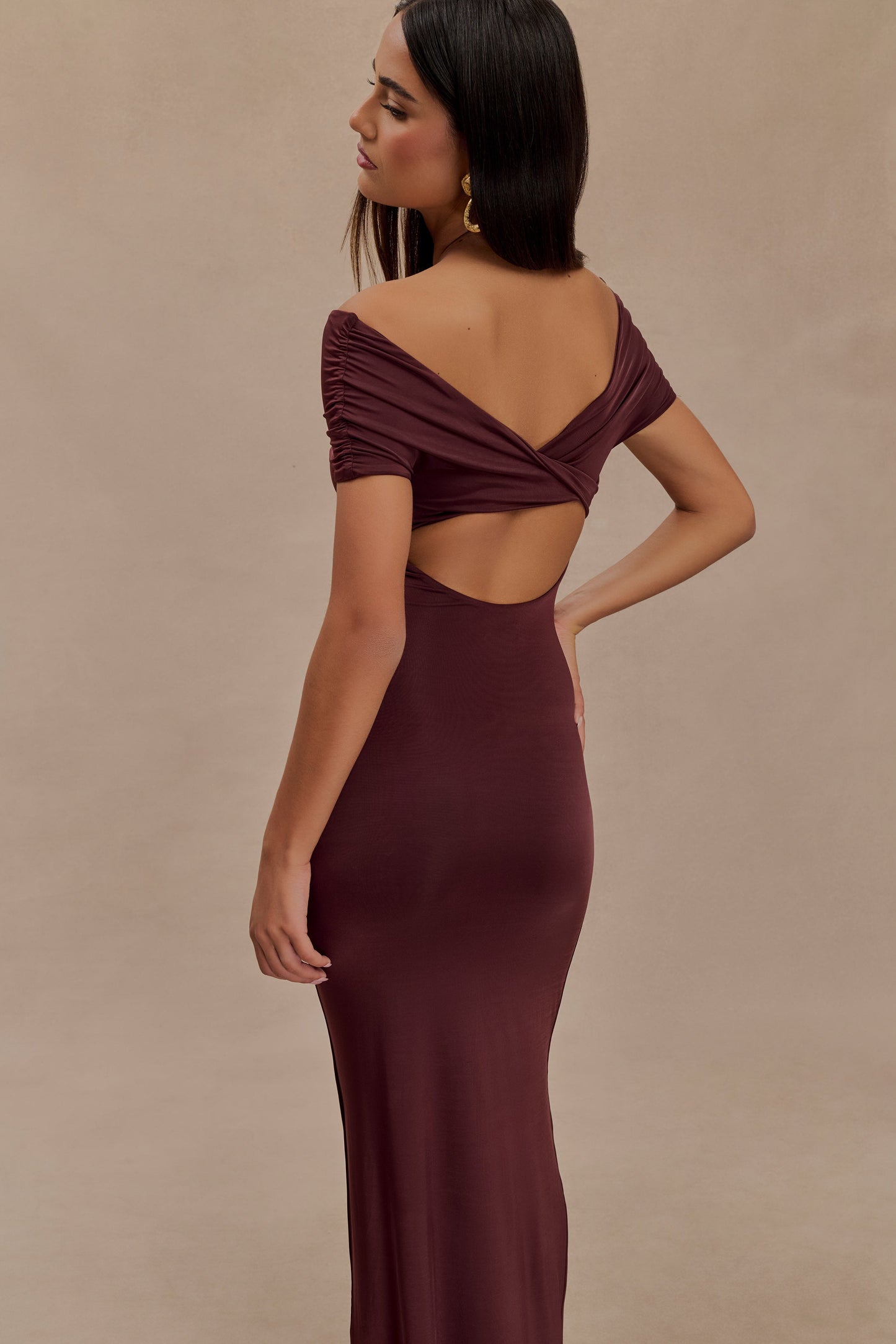 Imogen Off Shoulder Slinky Maxi Dress - Mahogany