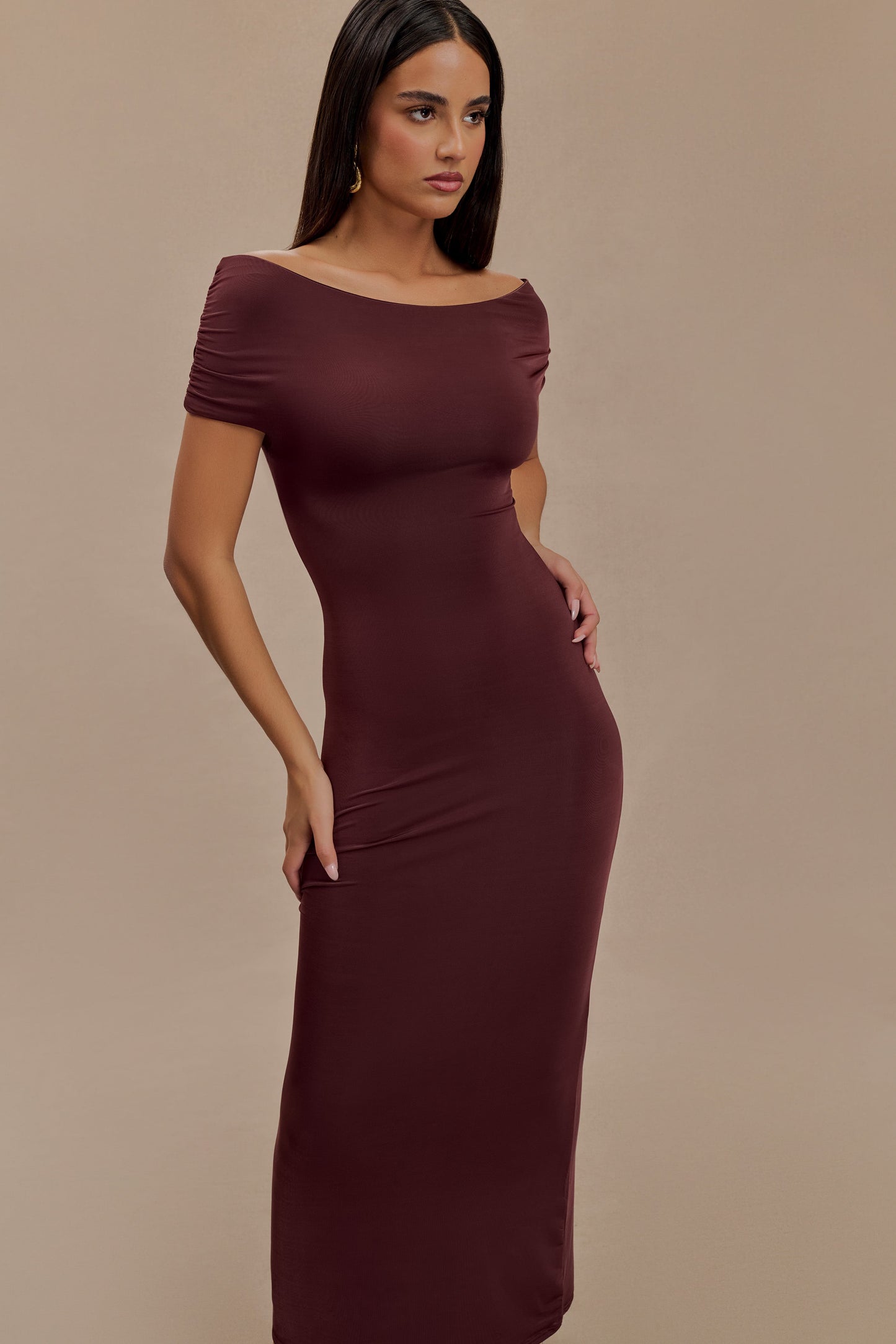 Imogen Off Shoulder Slinky Maxi Dress - Mahogany