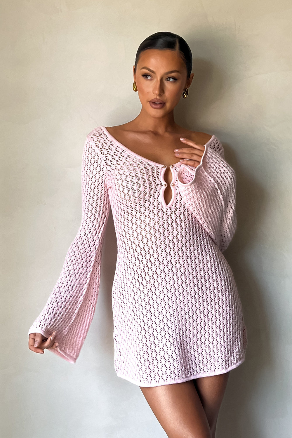 Kayleigh Crochet Knit Mini Dress - Rosewater