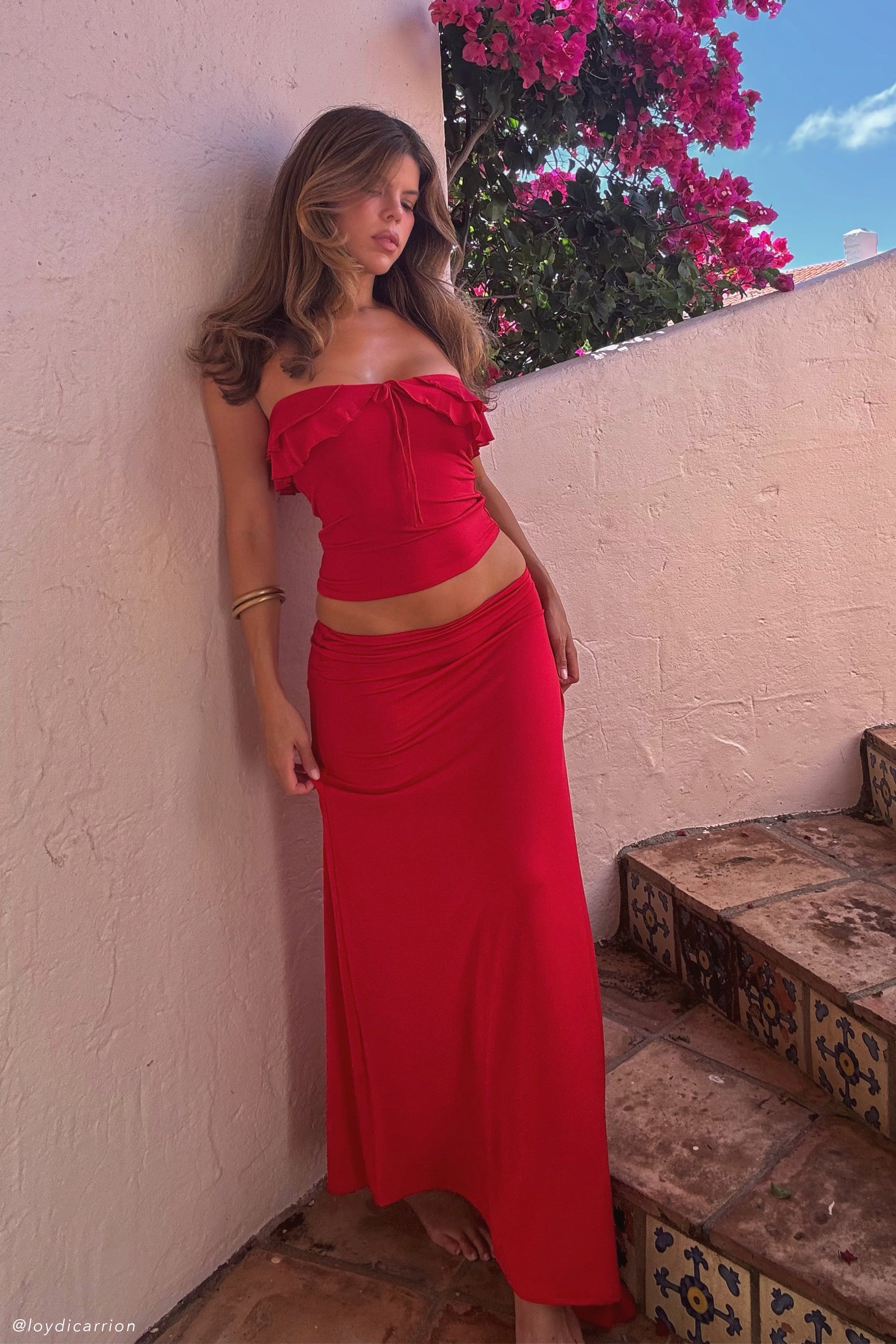 Bea Asymmetrical Slinky Maxi Skirt - Pomegranate #2