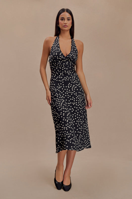 Marguerite Satin Halter Midi Dress - Black Polka Dot Print