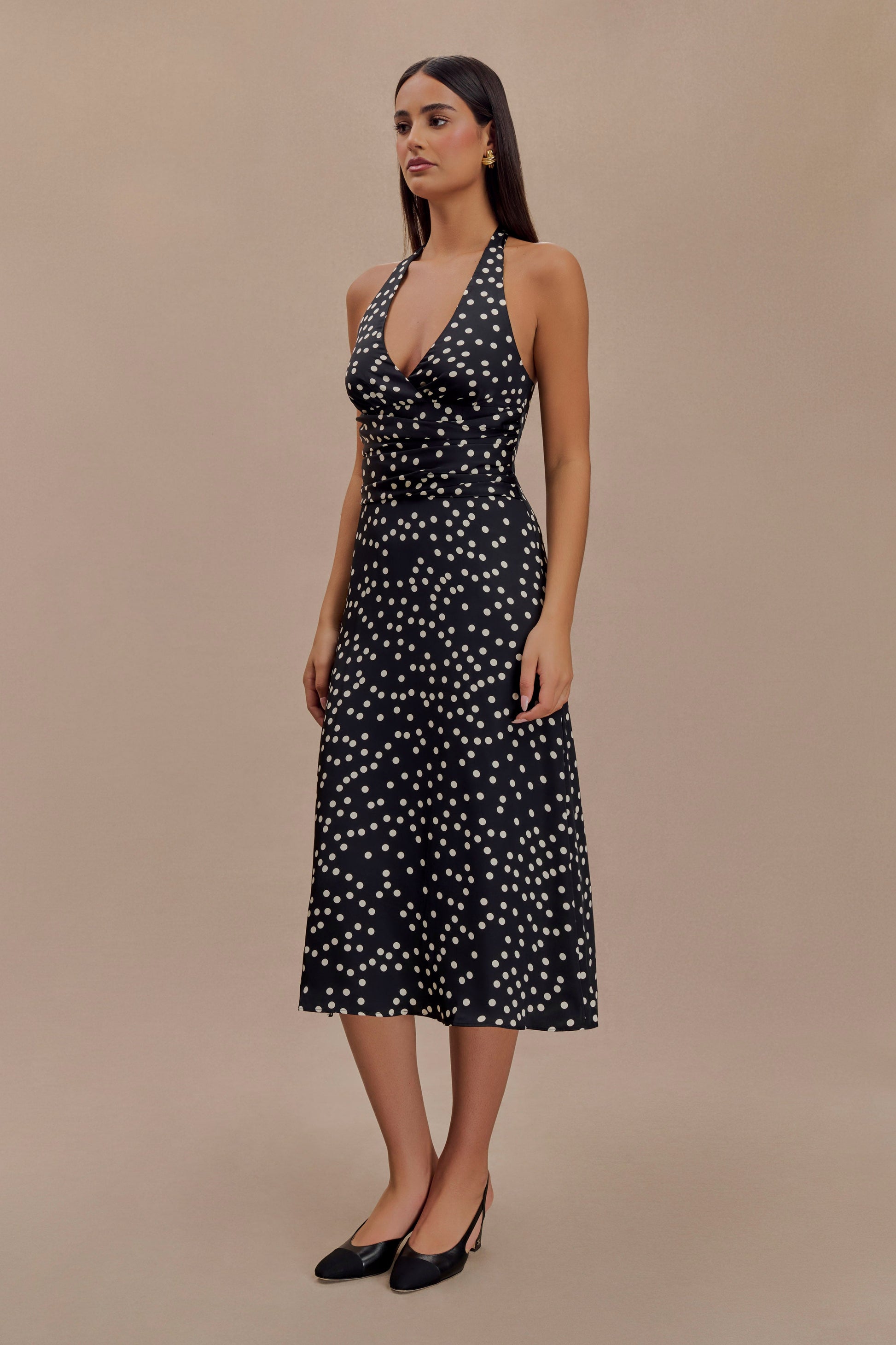 Marguerite Satin Halter Midi Dress - Black Polka Dot Print #3