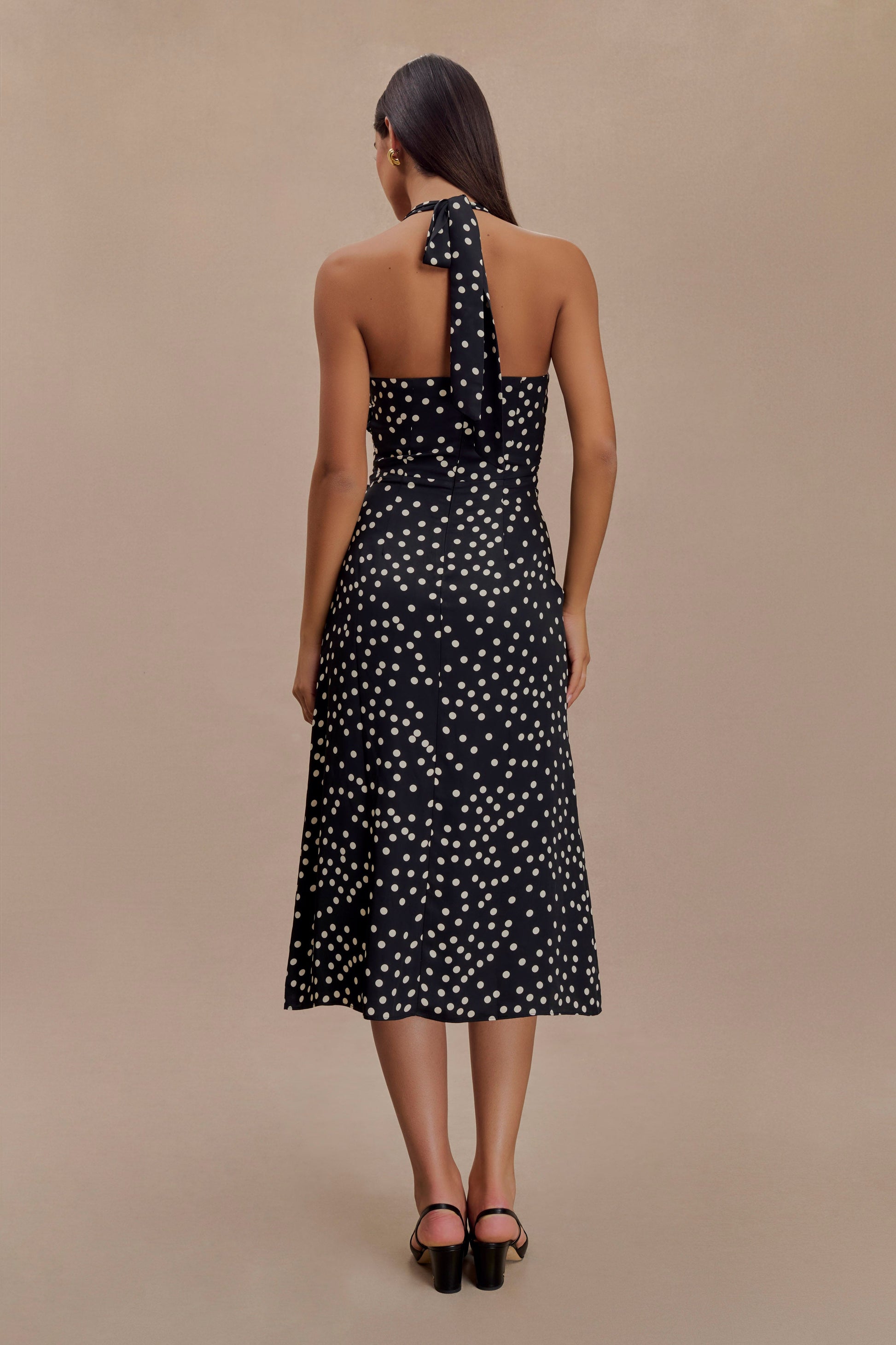 Marguerite Satin Halter Midi Dress - Black Polka Dot Print #2