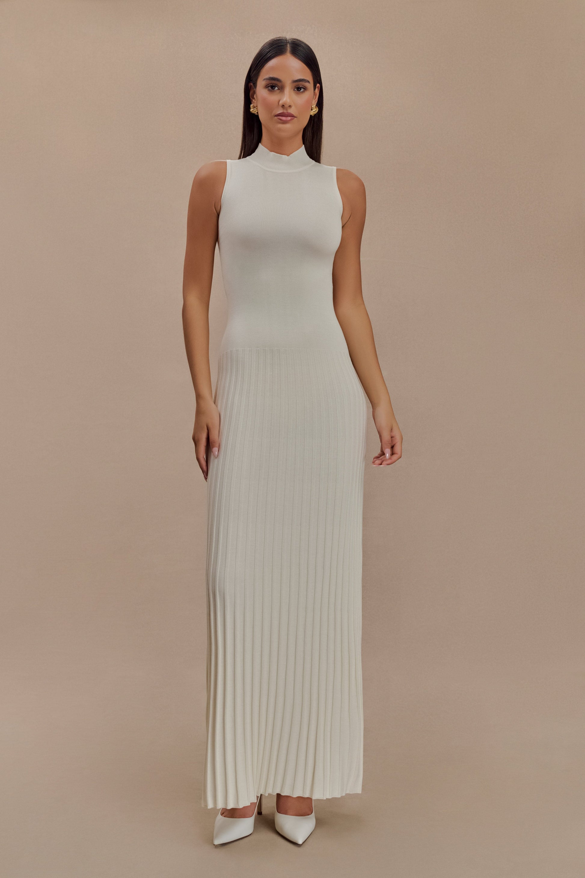Mavis High Neck Pleated Maxi Dress - Ivory #7