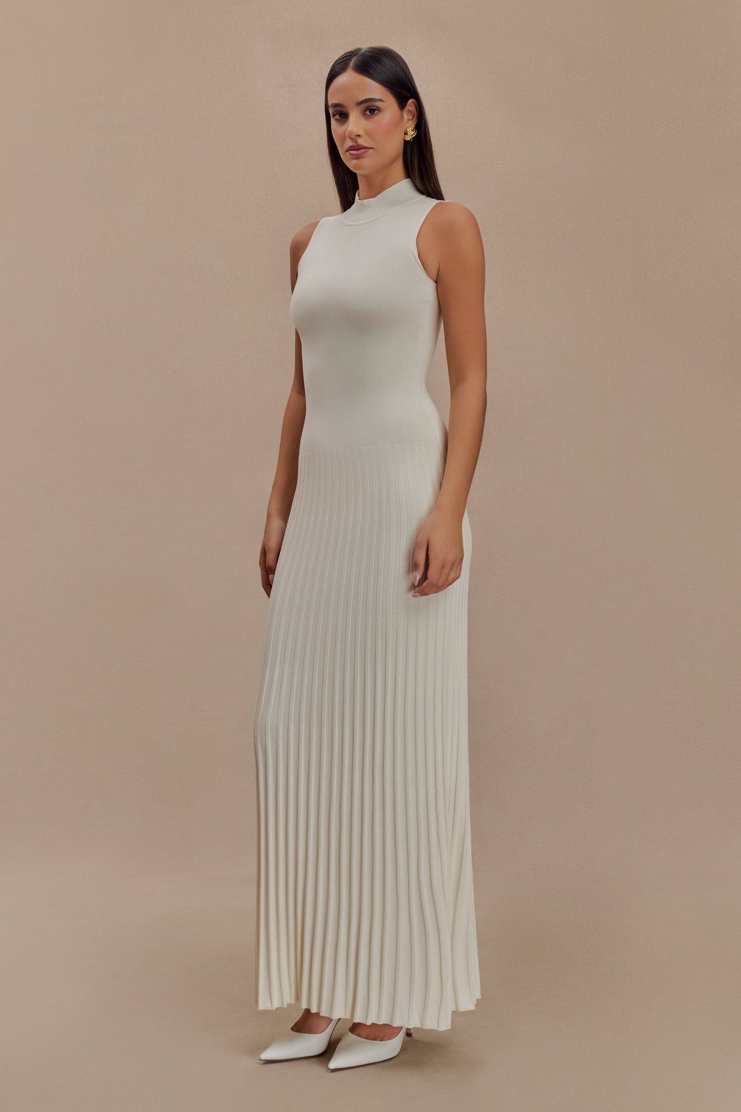 Mavis High Neck Pleated Maxi Dress - Ivory