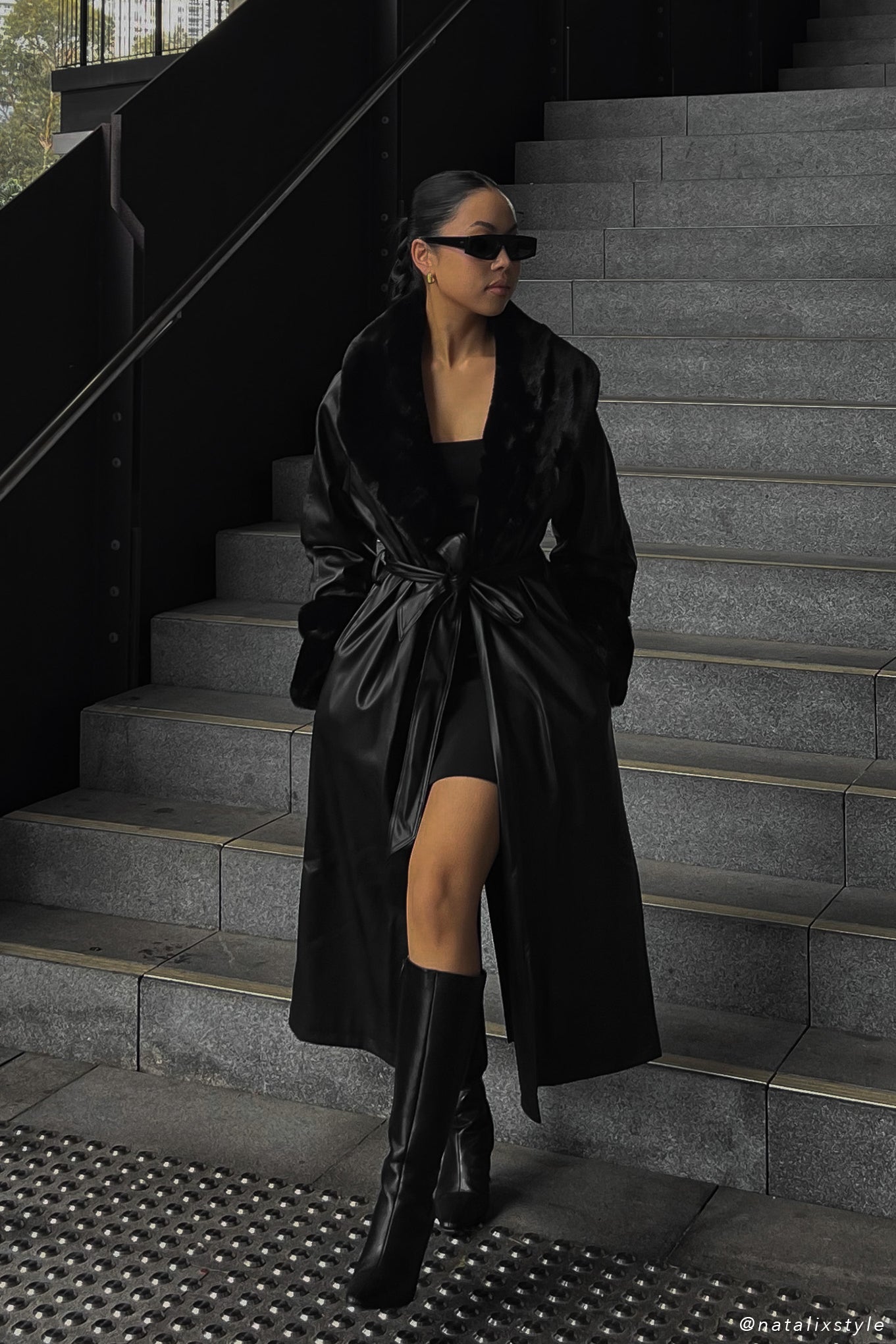 Rebekah Oversized Pu Trench Coat With Fur Trim Black MESHKI UK