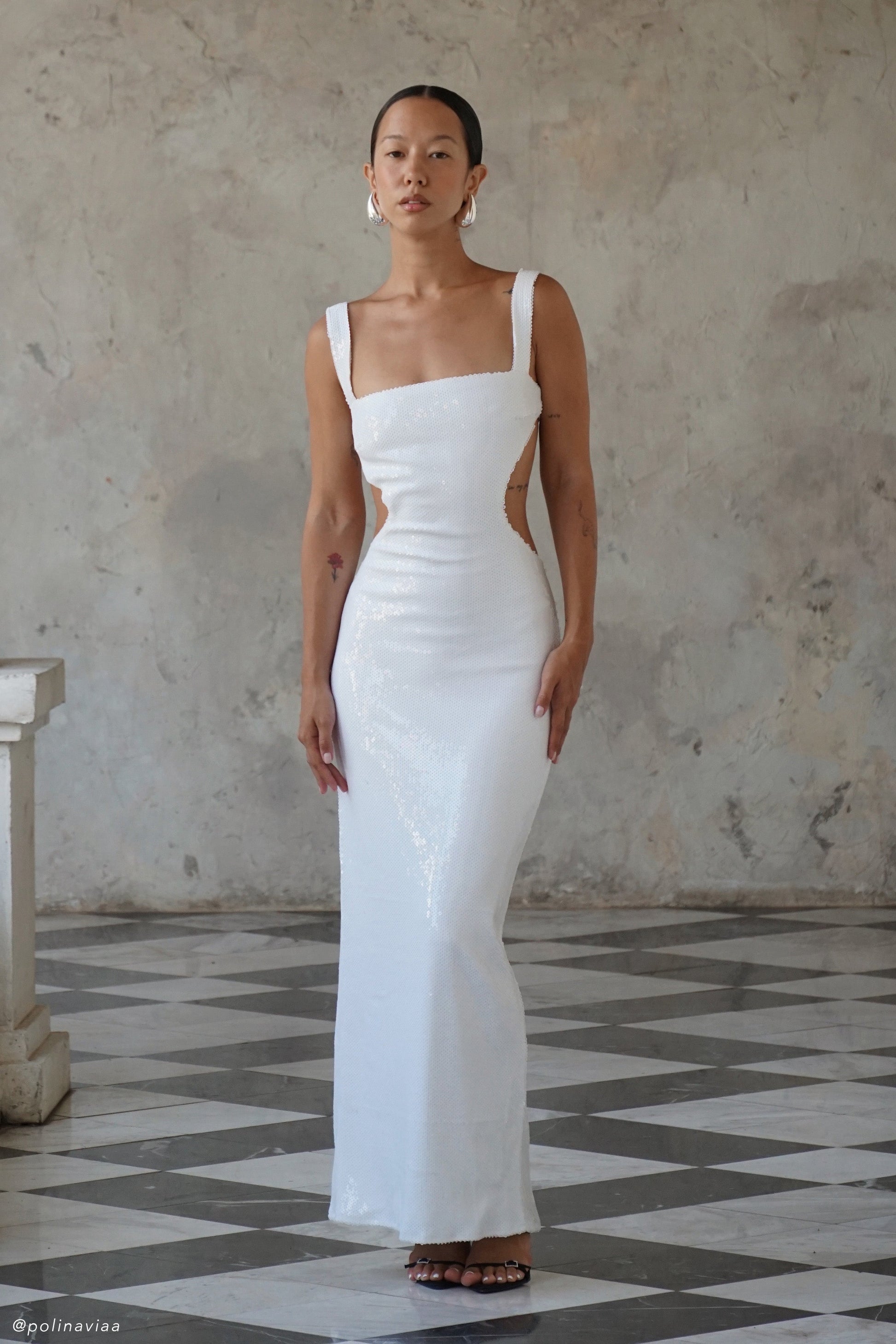 long sequin white dress Adoria Sequin Cut Out Maxi Dress - White