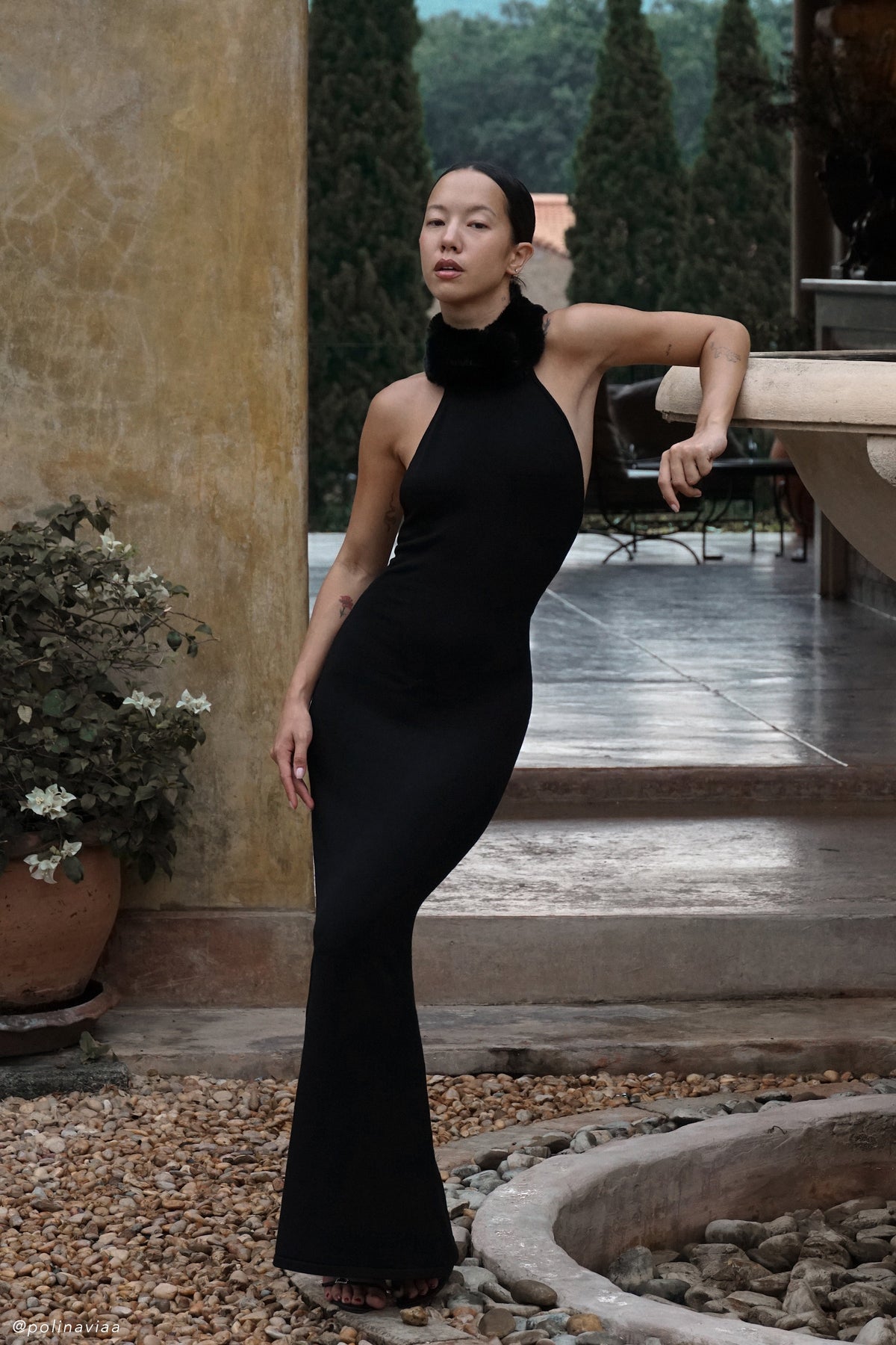 Elva Halter Knit Maxi Dress With Faux Fur - Black #2