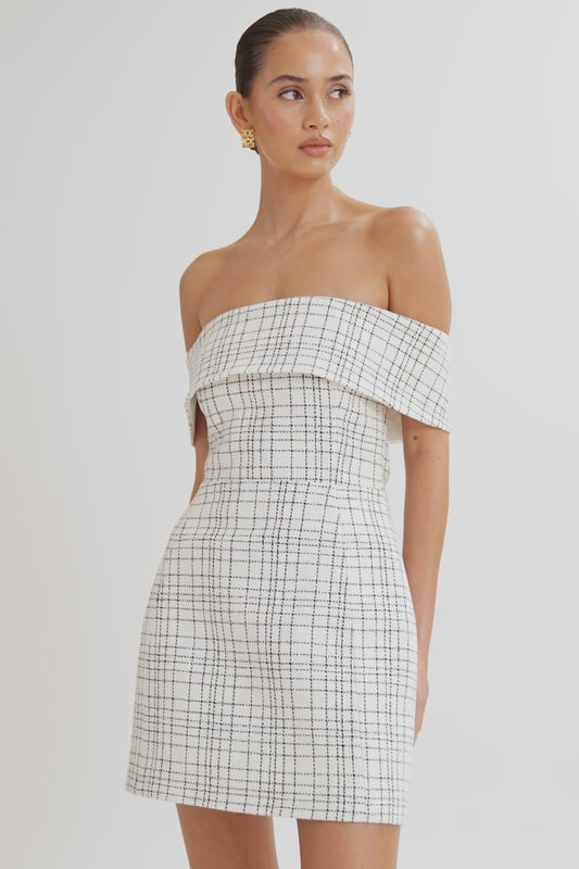 Helena Tweed Off Shoulder Mini Dress - White Check