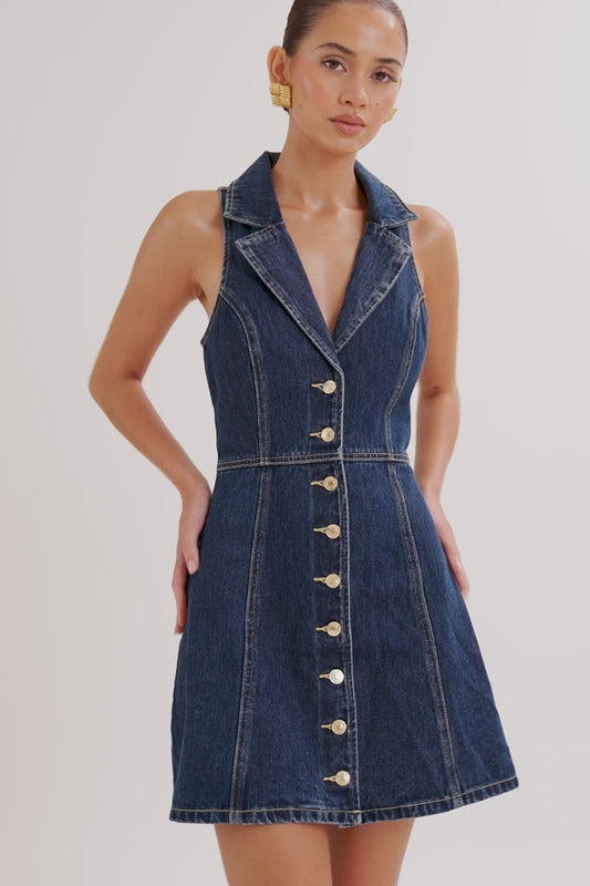 Eugenie Collared Denim Mini Dress - Dark Blue