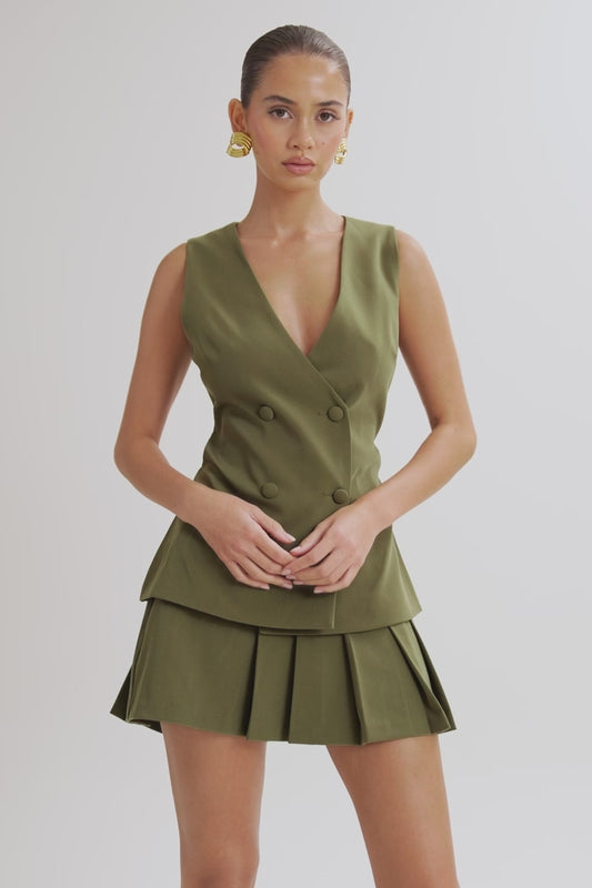 Brigitte Pleated Mini Skirt With Pocket - Military Olive