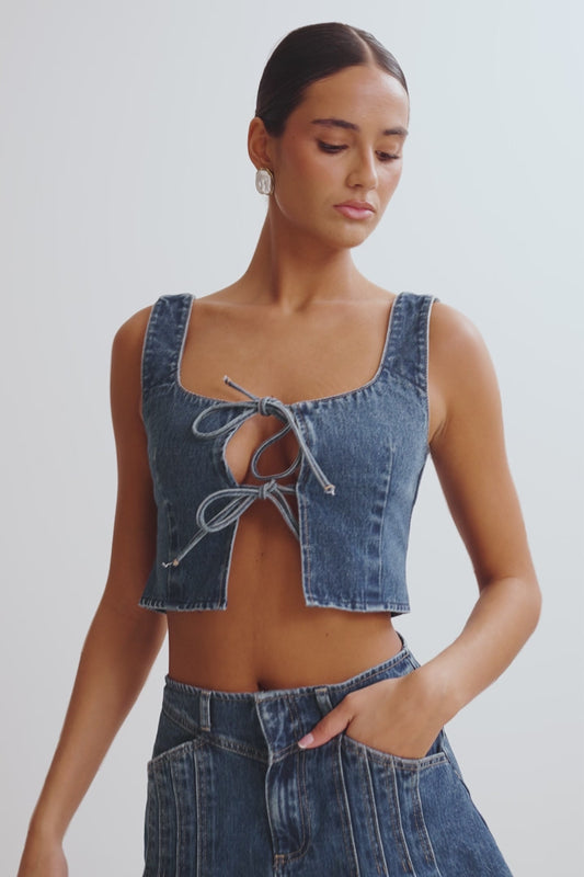 Heather Denim Tie Front Top - Dark Blue