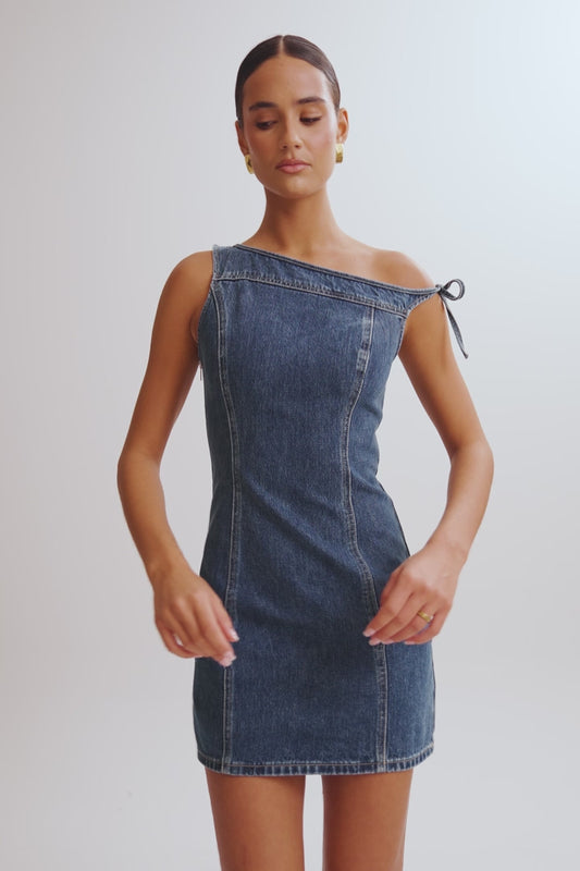 Baker Off Shoulder Denim Mini Dress - Dark Blue