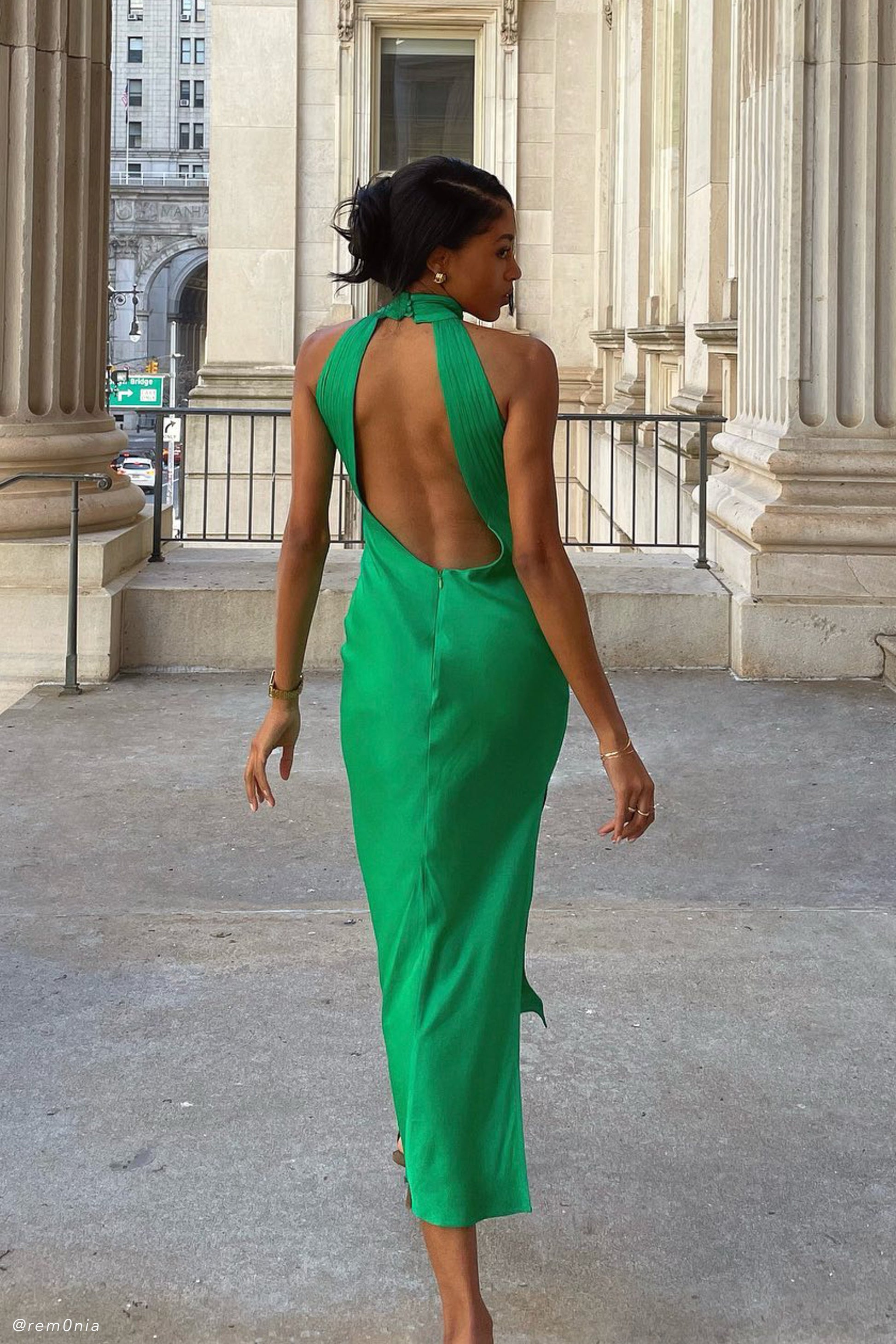 Claire Satin Drape Back Maxi Dress with Split - Green | MESHKI UK Claire Satin Drape Back Maxi Dress with Split - Green | MESHKI UK