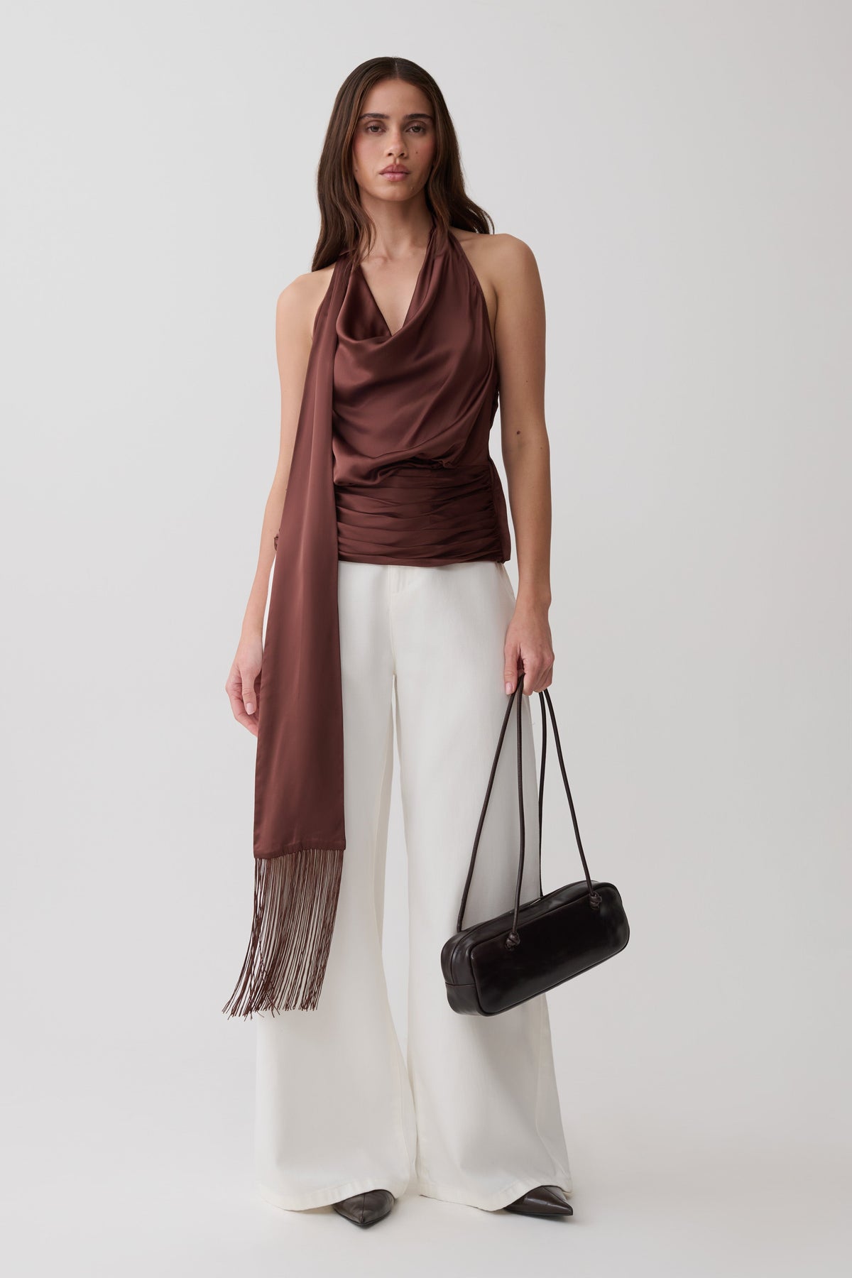 Keena Satin Top With Fringe Scarf - Dark Chocolate #2