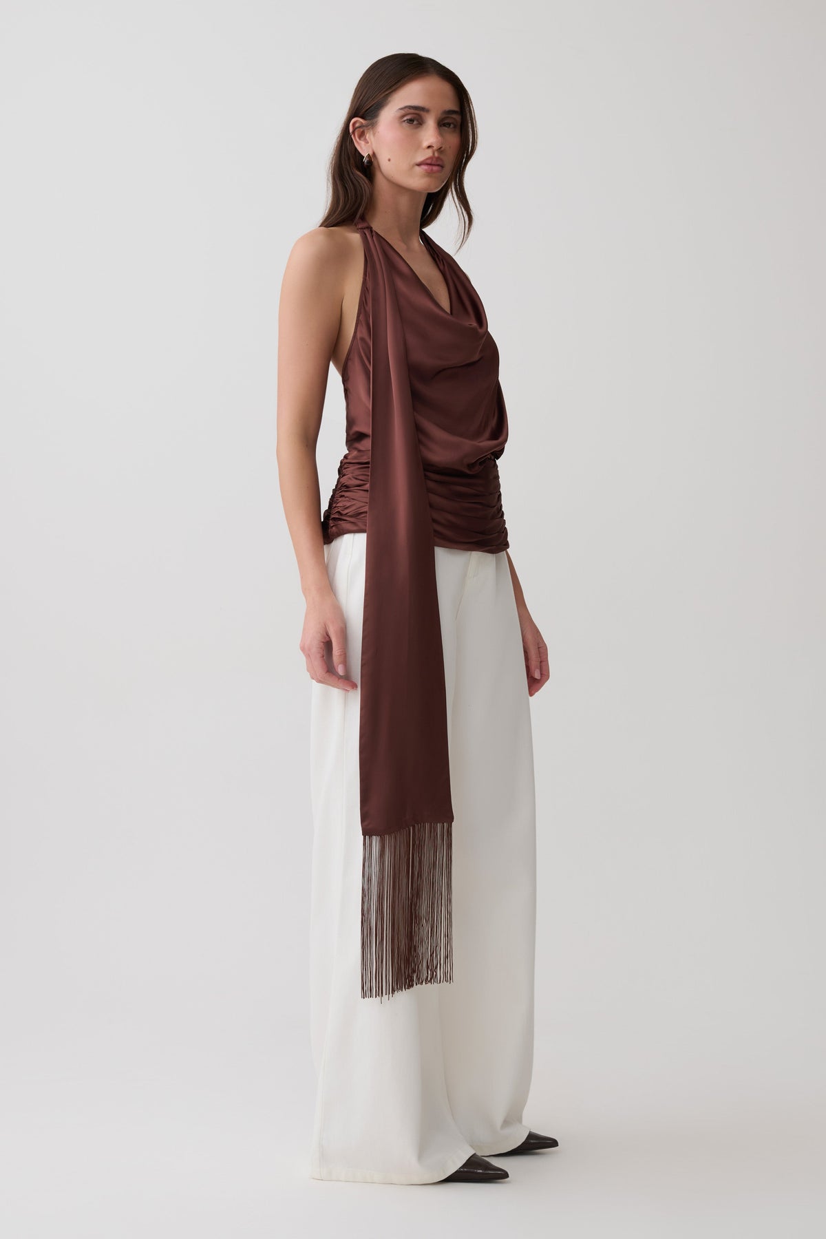 Keena Satin Top With Fringe Scarf - Dark Chocolate #5