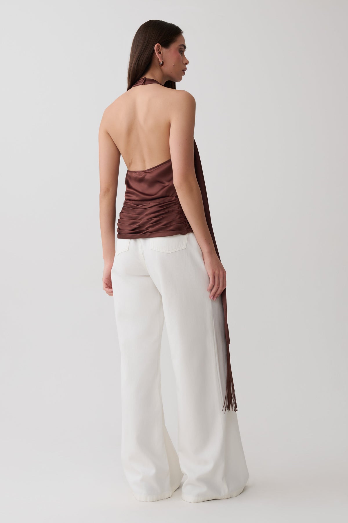 Keena Satin Top With Fringe Scarf - Dark Chocolate #4