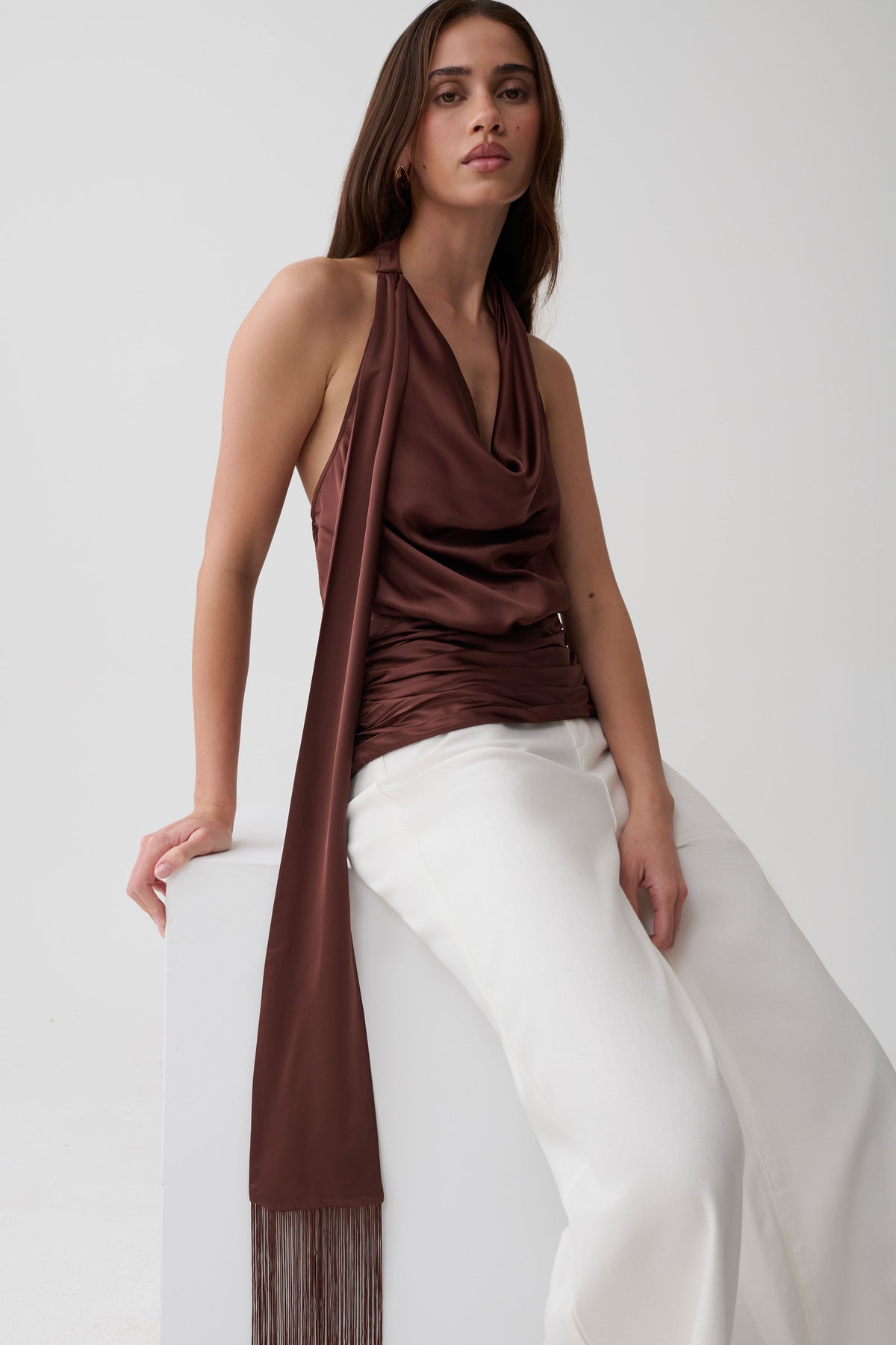 Keena Satin Top With Fringe Scarf - Dark Chocolate #3
