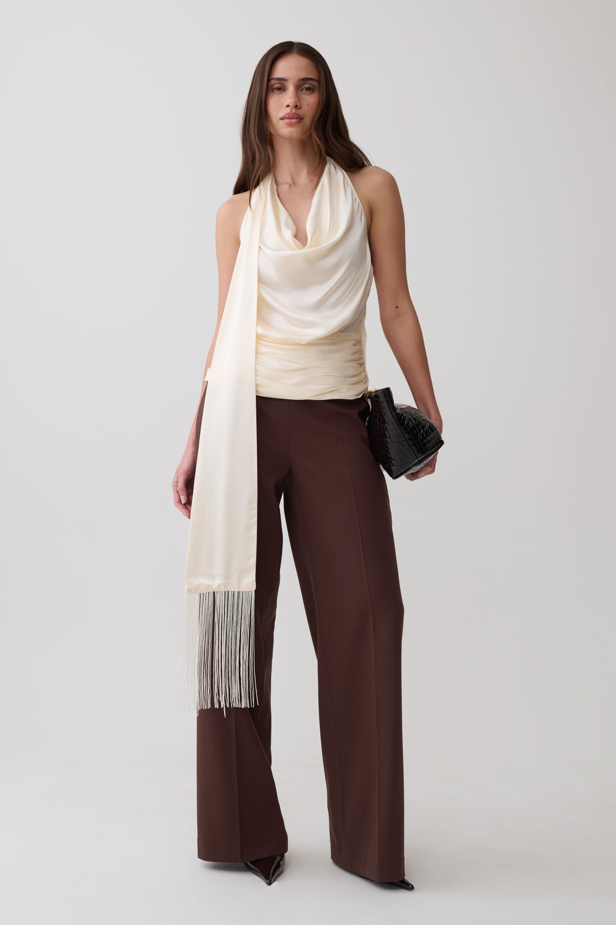 Keena Satin Top With Fringe Scarf - Ivory #2