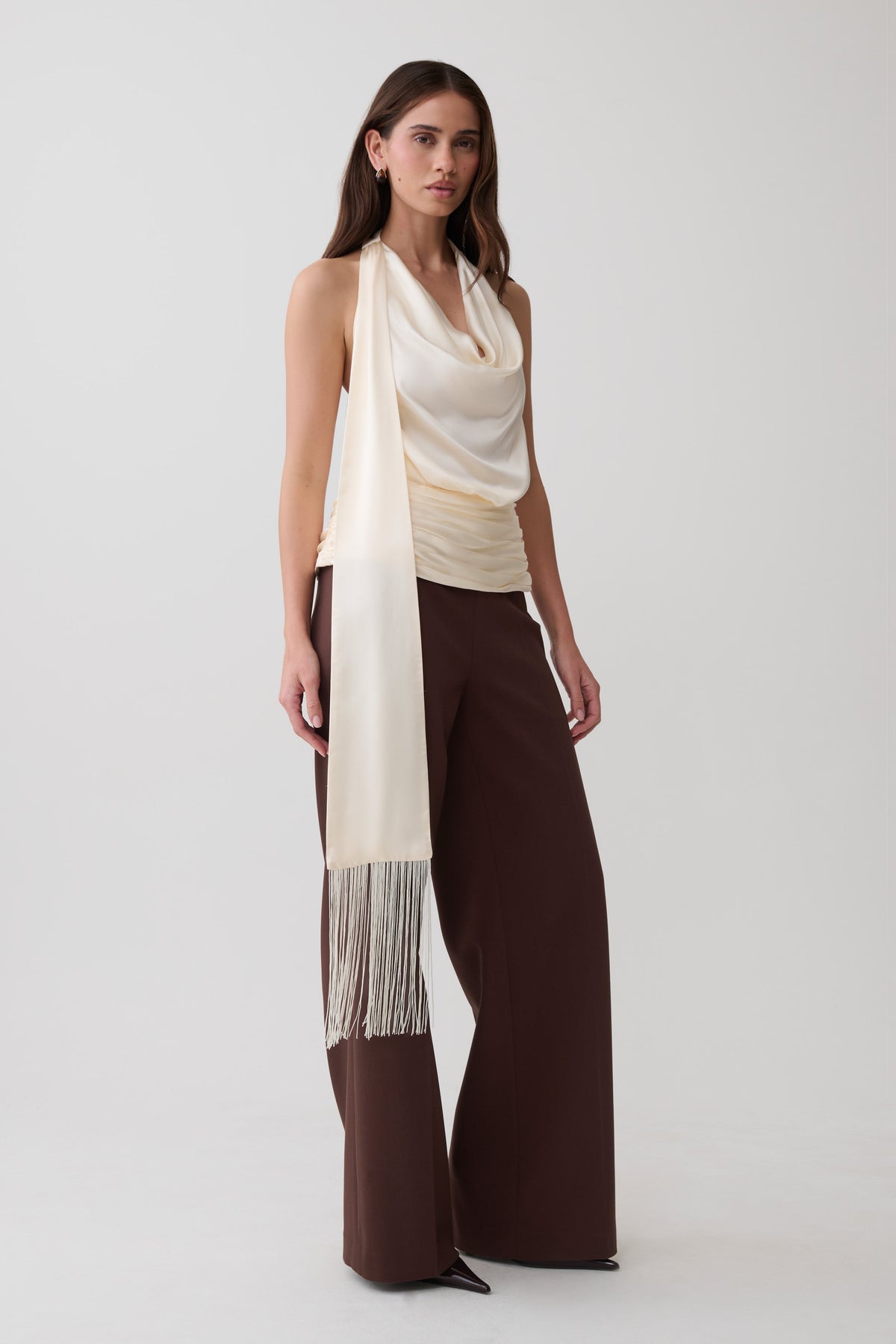 Keena Satin Top With Fringe Scarf - Ivory #5