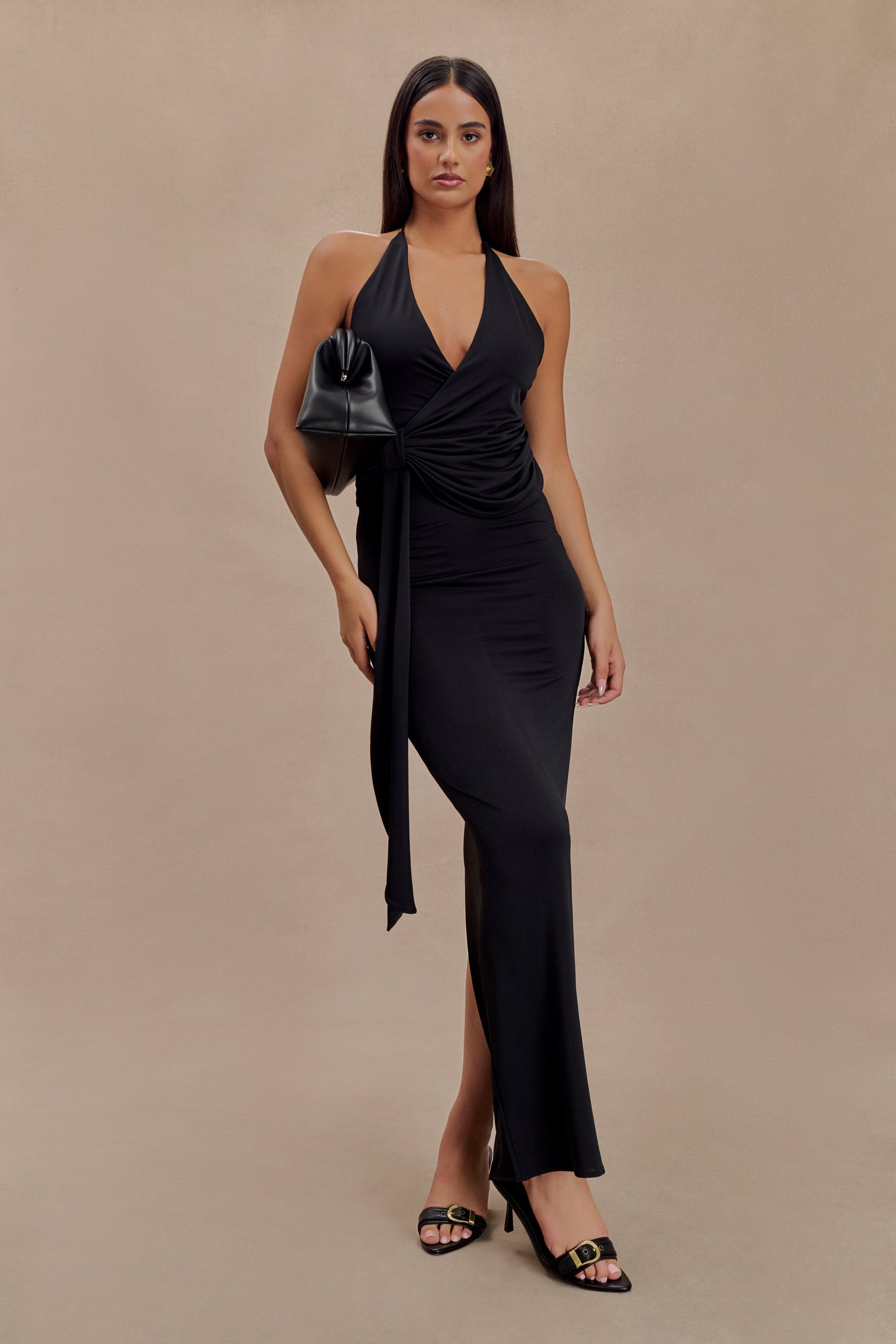 Tyla Draped Slinky Halter Maxi Dress - Black