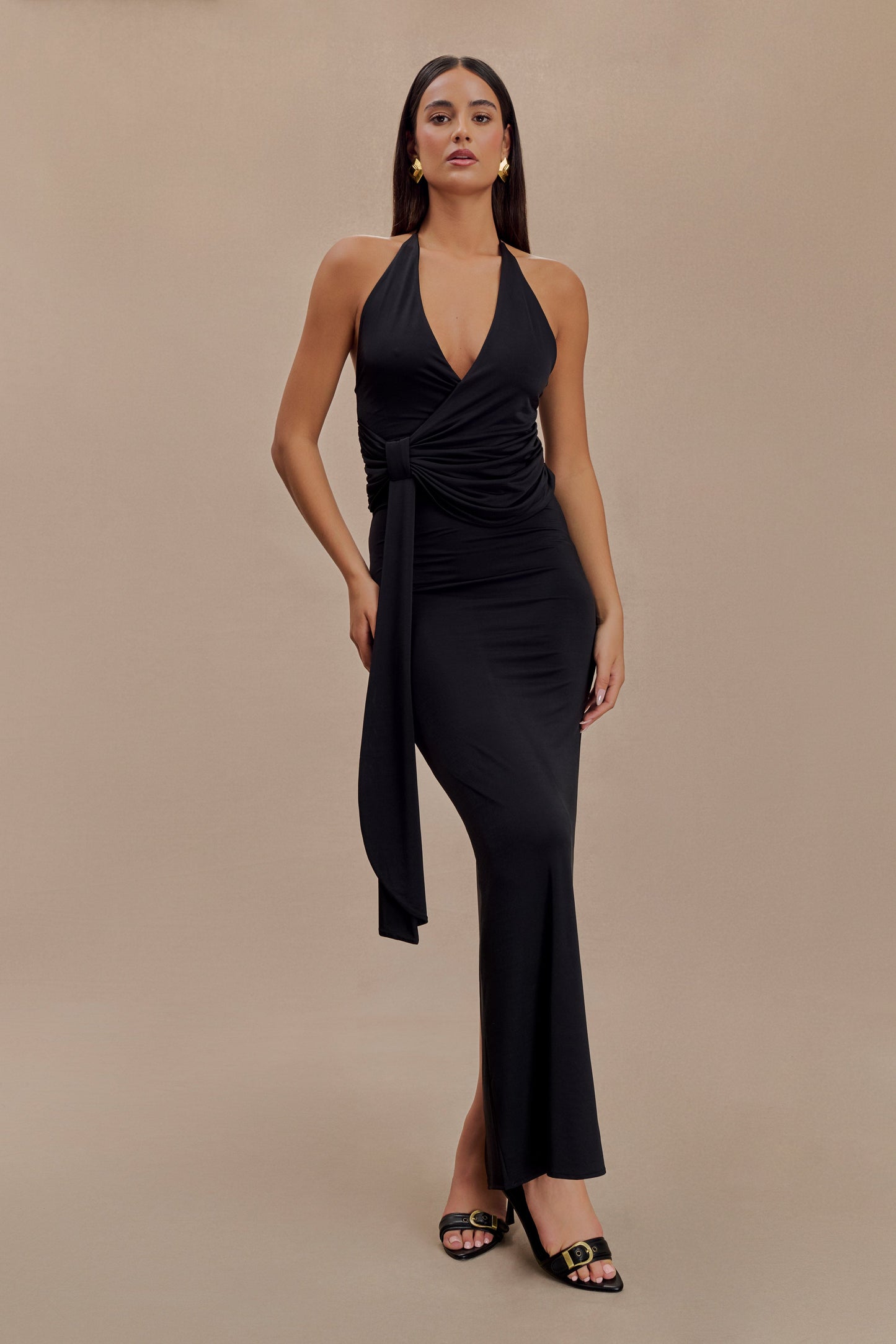 Tyla Draped Slinky Halter Maxi Dress - Black