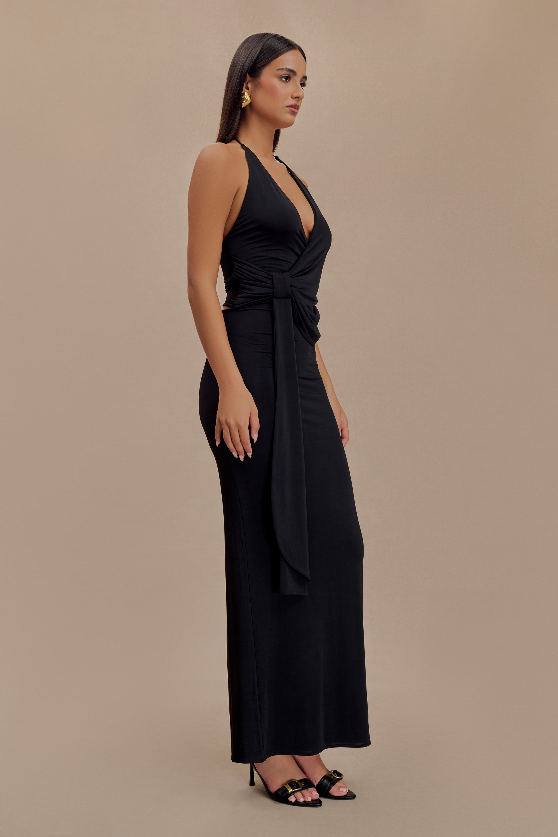 Tyla Draped Slinky Halter Maxi Dress - Black #4